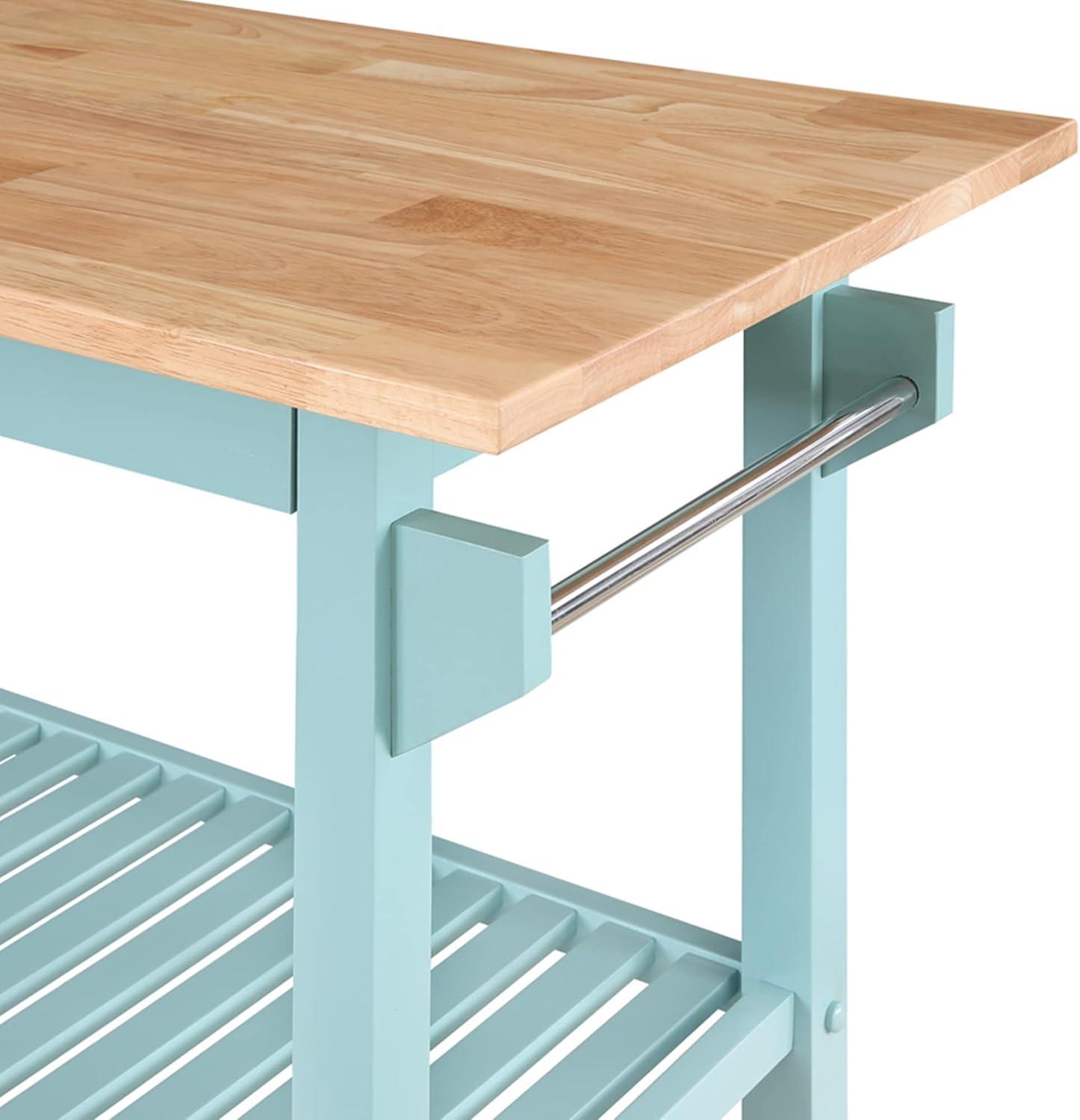 Convenience Concepts Designs2Go 3 Tier Butcher Block Kitchen Prep Island Cart with Drawer, Sea Foam Blue/Butcher Block