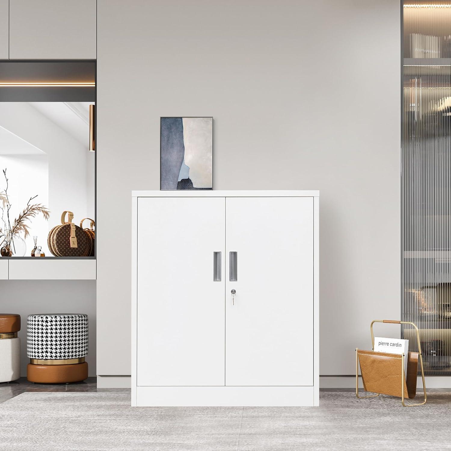 Metal Storage Cabinets with Shelves and Doors, Sideboard Buffet Cabinet for Kitchen, Entryway, Living Room, Home Office, Garage, Utility Room and Basement, 36.2" H x 31.5" W x 15.7" D (White)