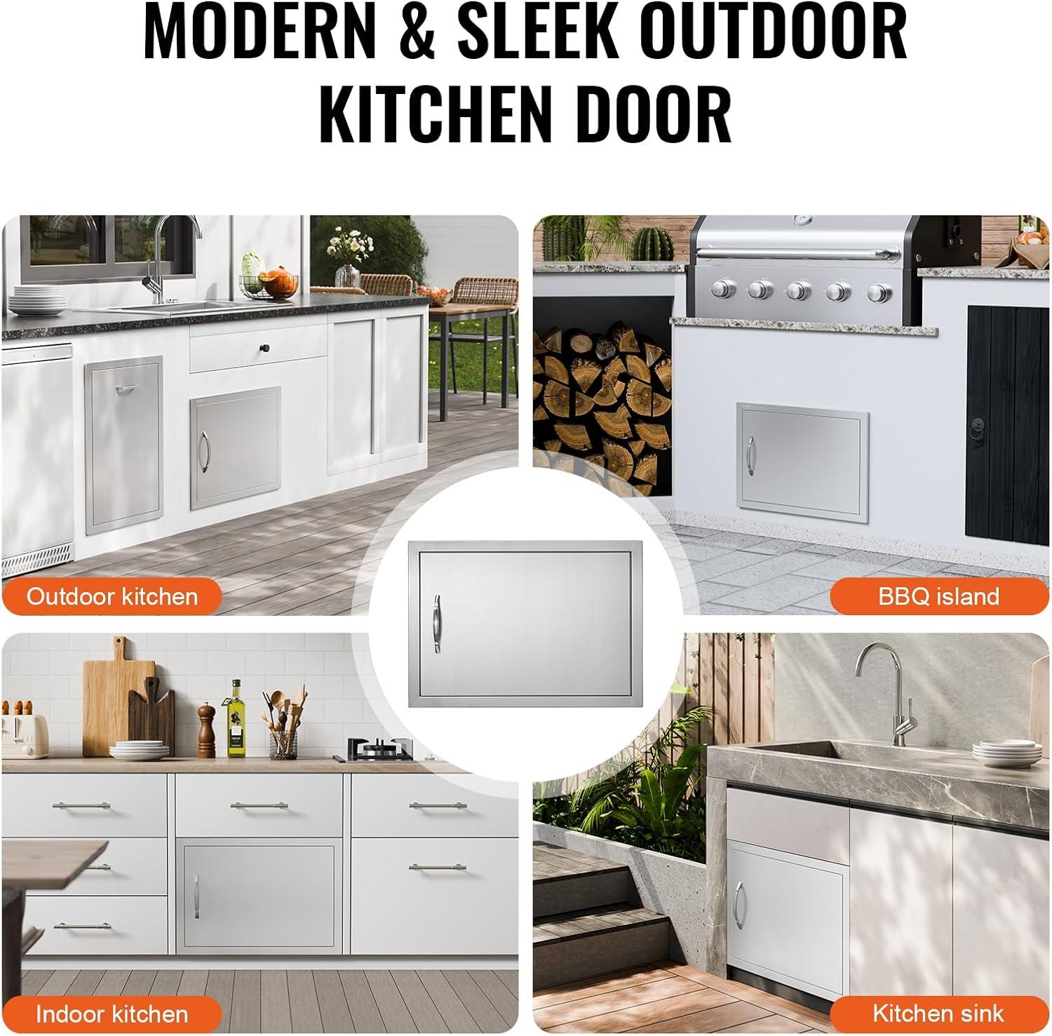 VEVOR BBQ Access Door, 24W x 17H Inch Single Outdoor Kitchen Door, Stainless Steel Flush Mount Door, Wall Vertical Door with Handle, for BBQ Island, Grilling Station, Outside Cabinet