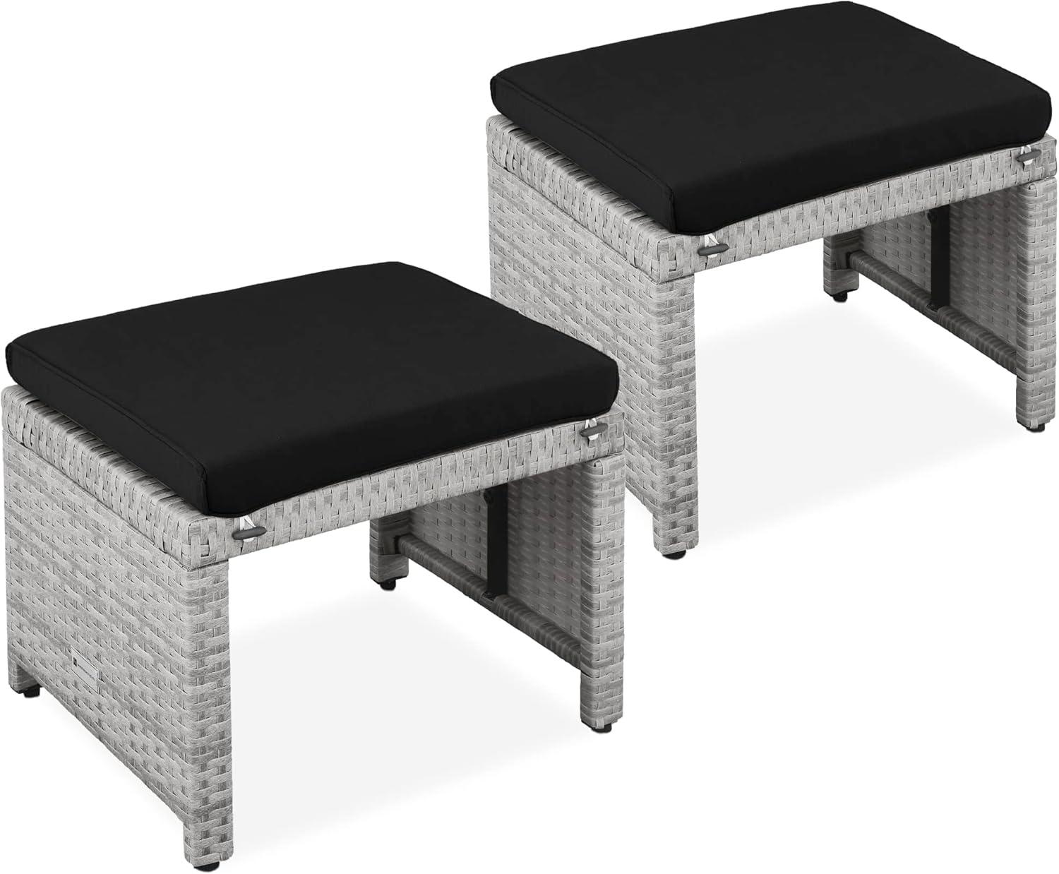 Best Choice Products Set of 2 Multipurpose Patio Wicker Ottomans w/ Removable Cushions - Gray/Black