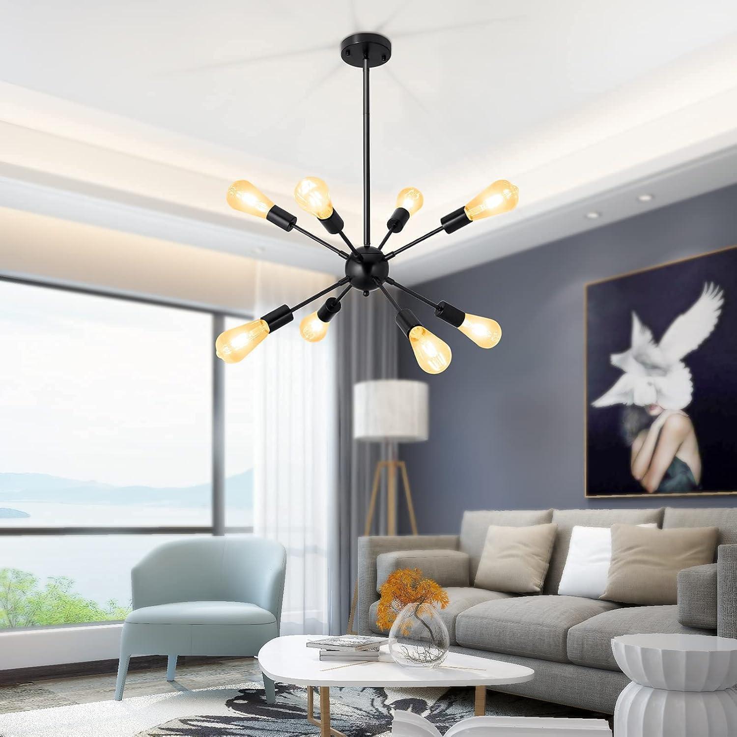 Matte Black 8-Light Sputnik Chandelier with Adjustable Rod