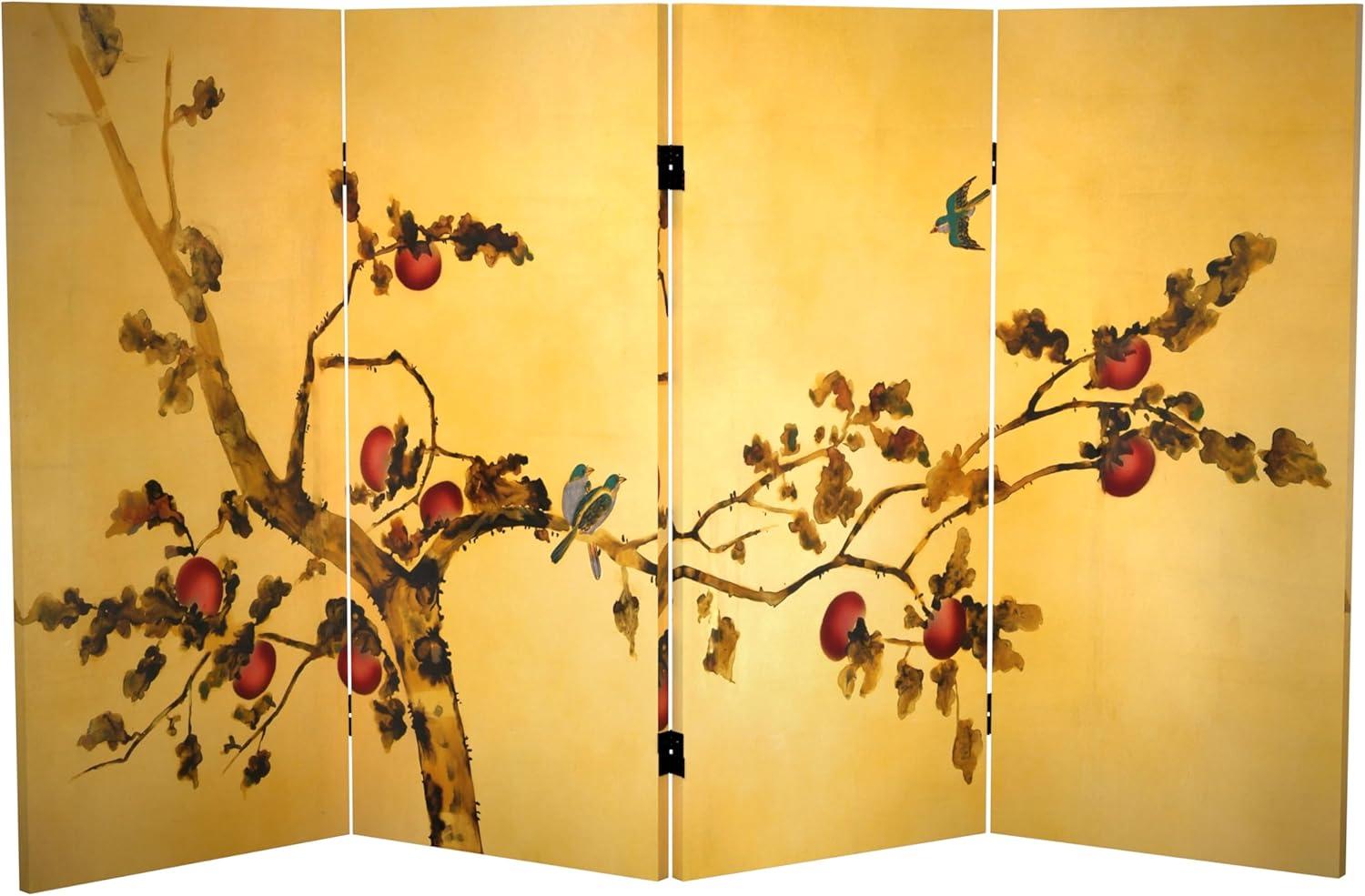 3' Tall Double Sided Birds On Plum Tree Canvas Room Divider - Oriental Furniture: No Assembly, Wood Composite