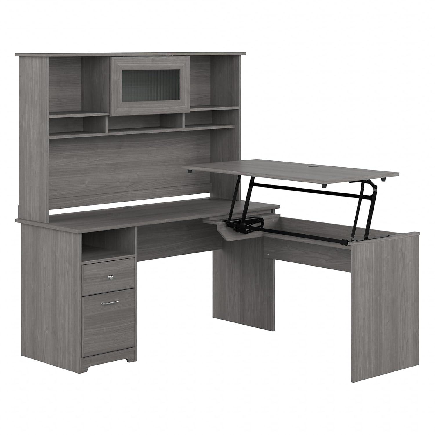 Cabot 60W Sit to Stand L Shaped Desk with Hutch in Modern Gray - Engineered Wood
