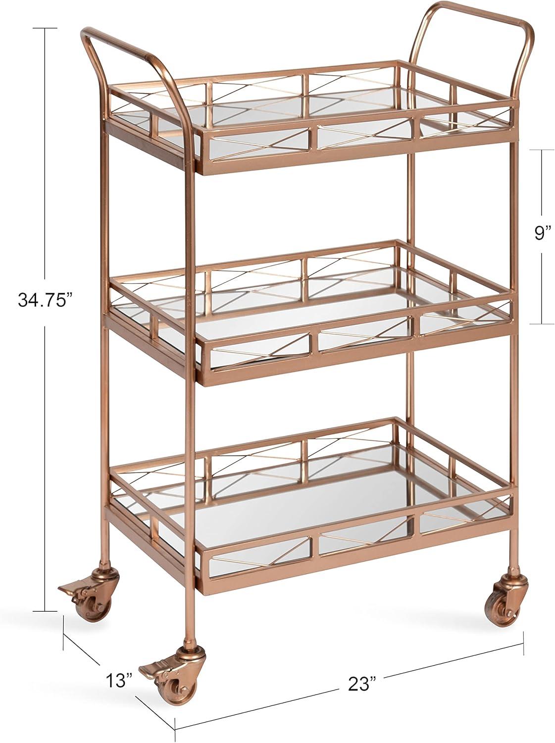 Elegant Rose Gold Metal Bar Cart with Mirrored Tiers and Locking Wheels