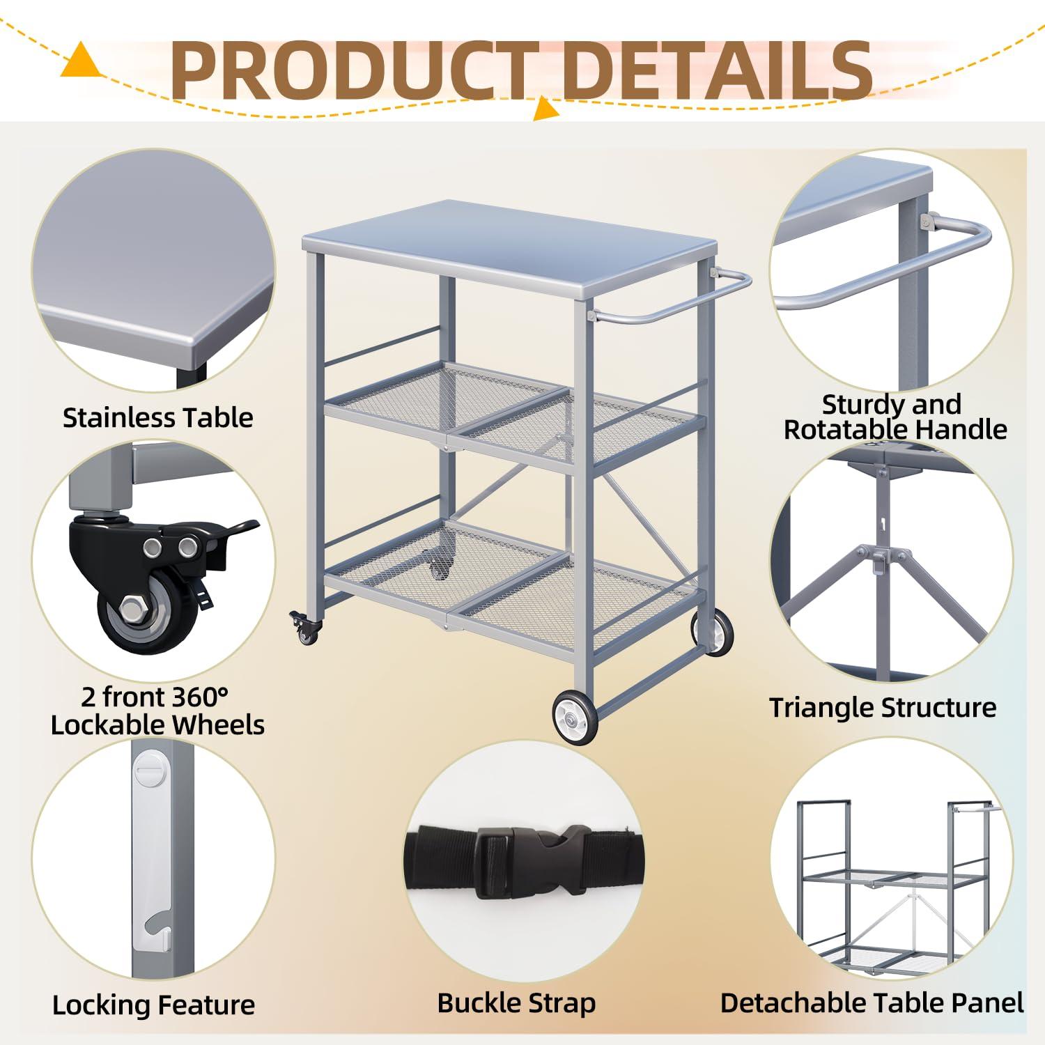 AECOJOY Outdoor Grill Table, Stainless Steel Pizza Oven Stand 3-Tier Folding BBQ Prep Table with Casters, Portable Kitchen Island for Apartment, Studio & Backyard Cooking, Gray