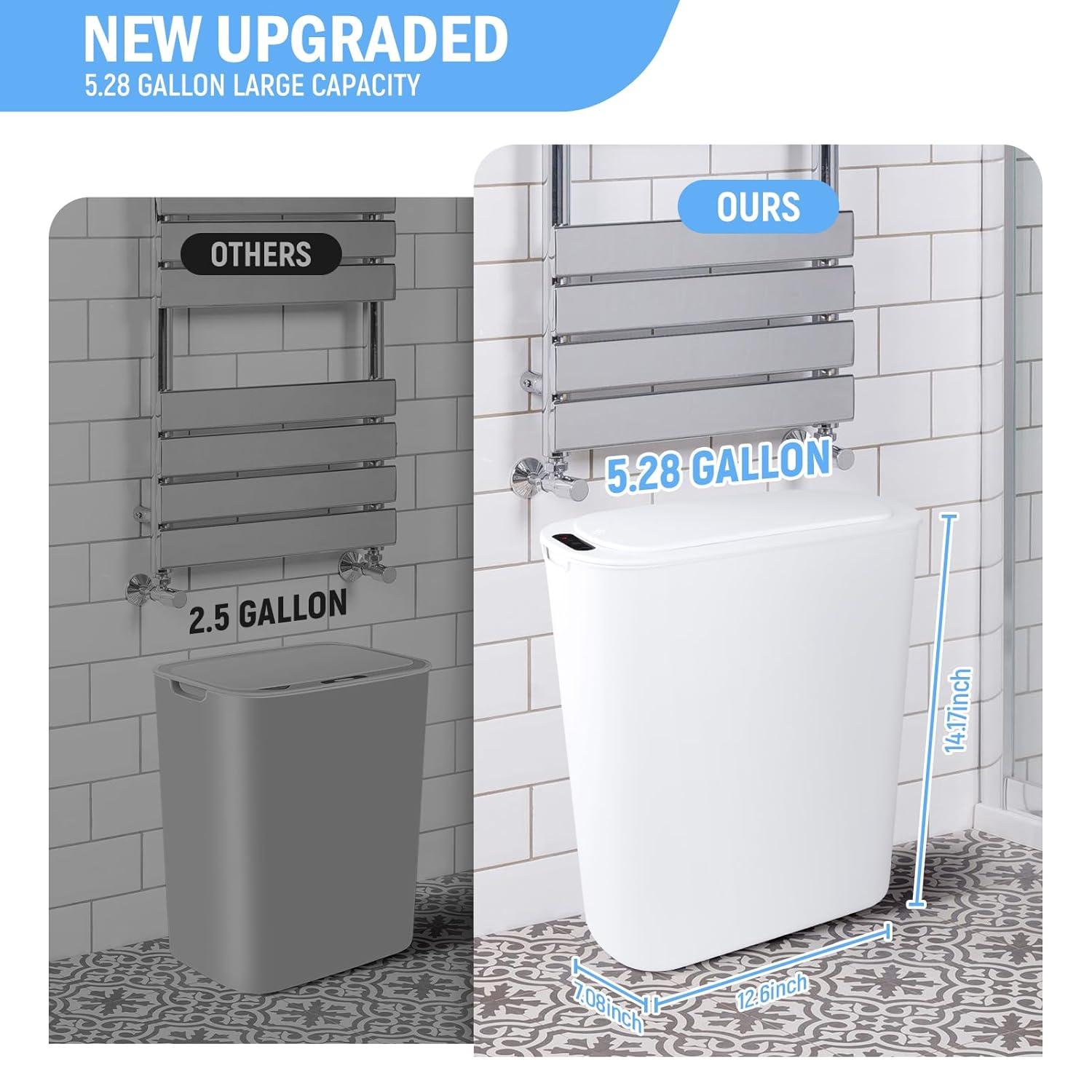 Bathroom Trash Can Automatic Touchless - Motion Sensor Garbage Can with Sealing Lid, 5.28 Gallon Smart Waterproof Plastic Slim Dustbin for Restroom, White