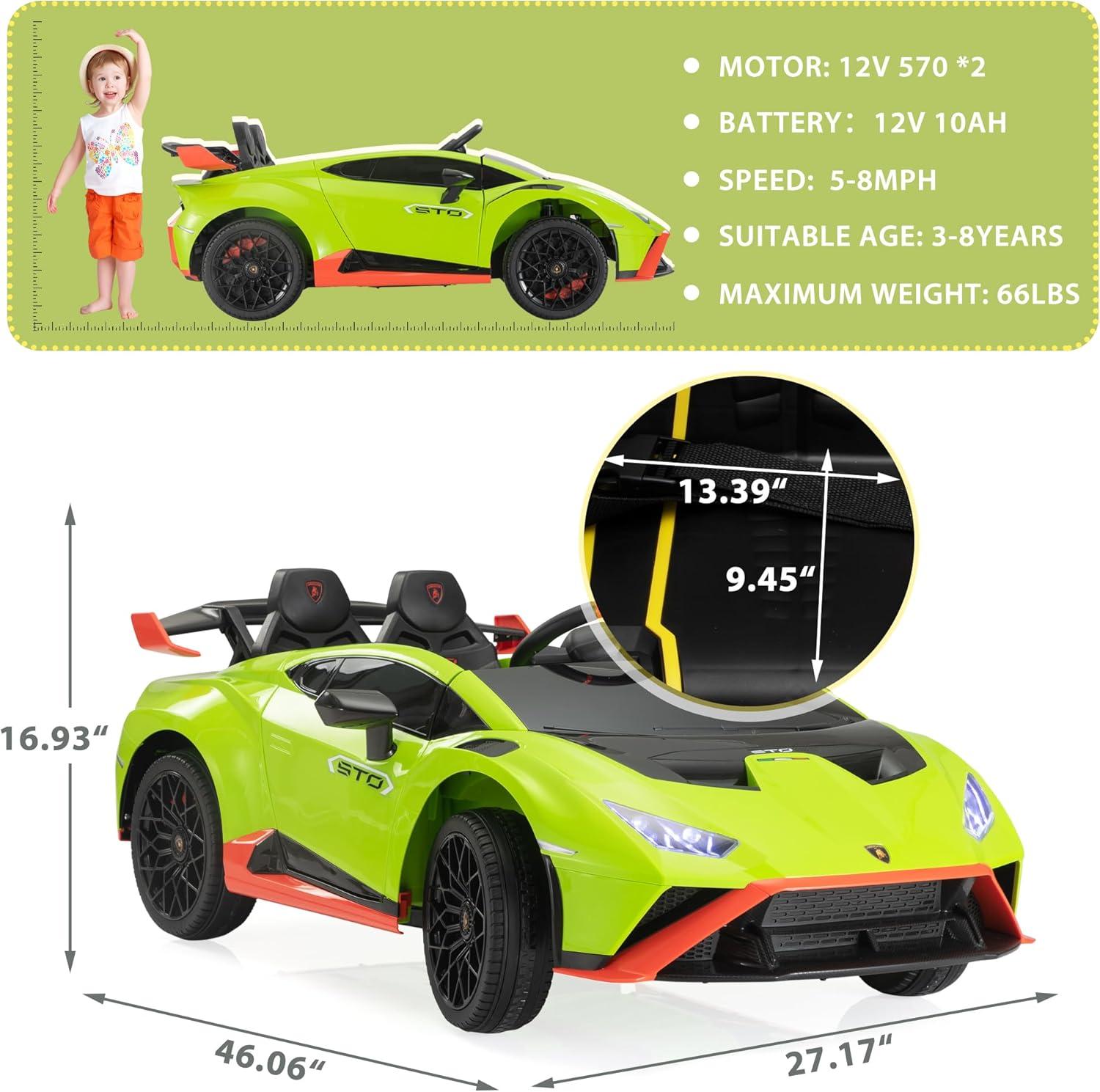 Green 12V Lamborghini STO Kids Electric Ride-On Car with Remote