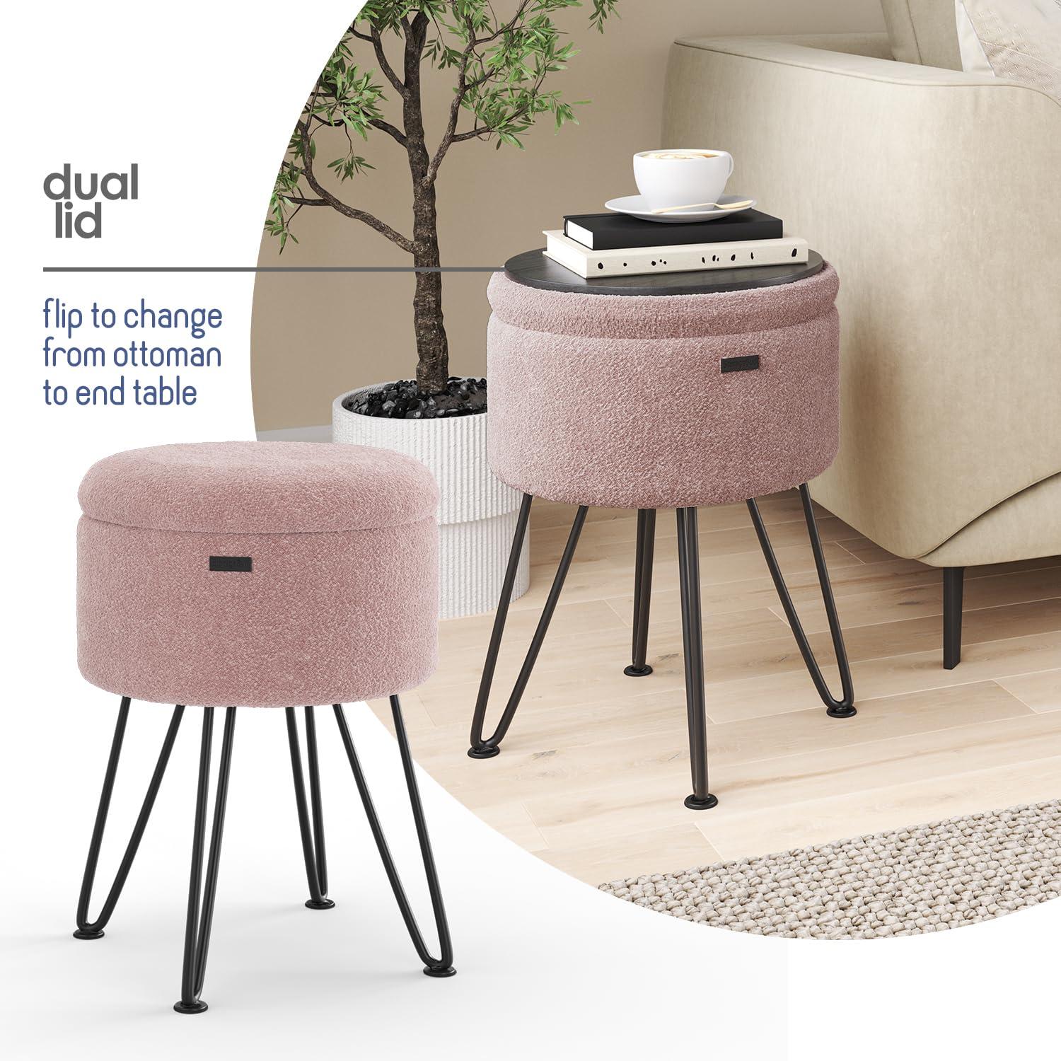 StorageBud Round Ottoman with Storage, Boucle Storage Ottoman, Modern Foot Stool Ottoman for Living Room and Bedroom, Pink/Black Legs