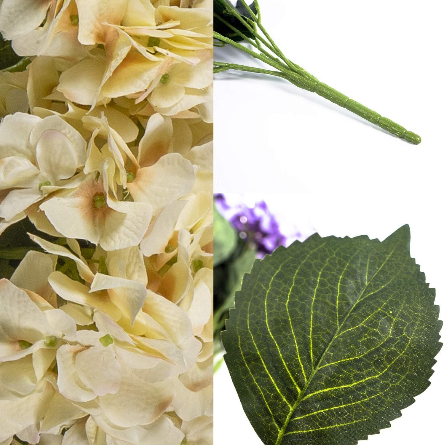 Beige Silk Hydrangea Bush with Adjustable Stems and Green Leaves