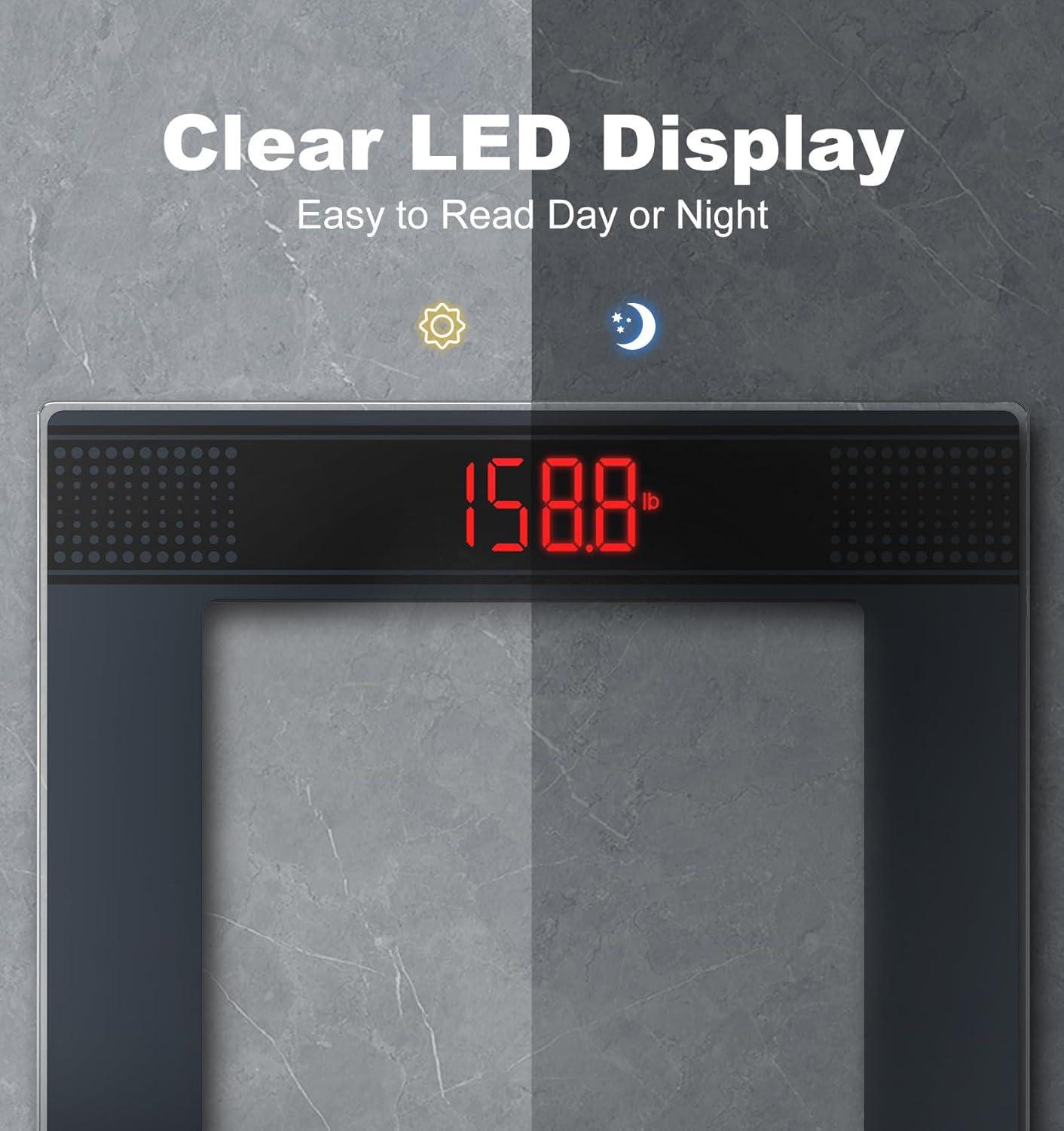 GE Bathroom Scale for Body Weight: Highly Accurate Digital Scale Weighing Machine with Clear Tempered Glass, 11.8" Large Platform, Compact Design, LED Display, 400 lbs, 4 Units, with Body Tape Measure