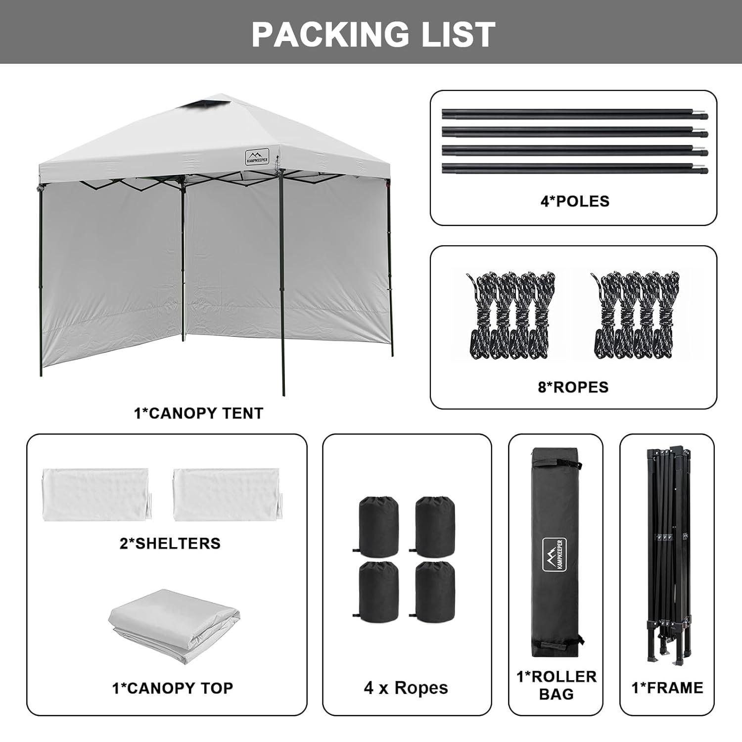 KAMPKEEPER 10x10 Easy Pop Up Canopy Tent with 2 Sidewalls, Instant Outdoor Shade Shelter with 2 PCS Removable 10FT Sun Walls, Quick Setup Waterproof and UV-Resistant for Patio, Camping, Backyard