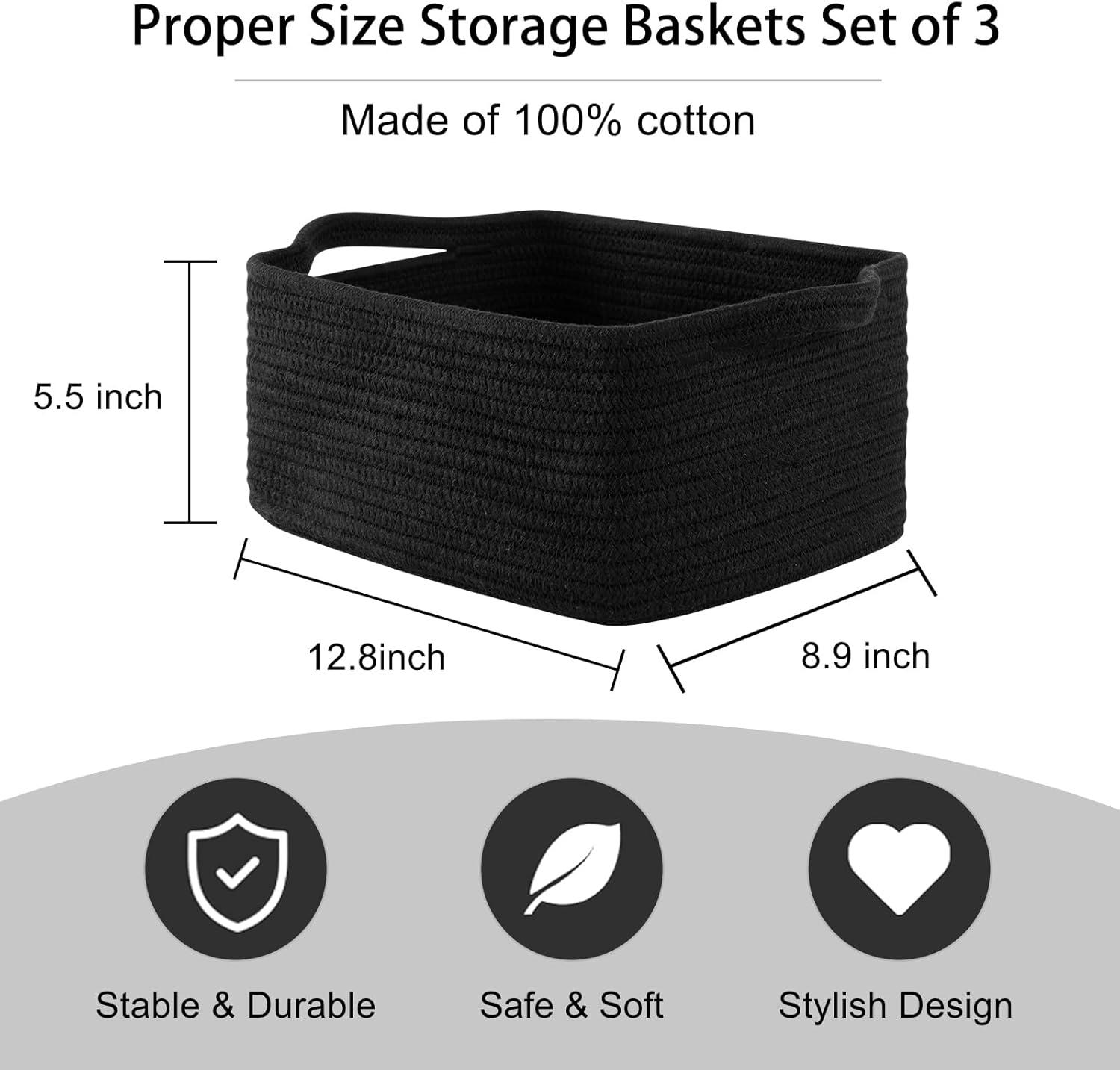 3Pcs Small Storage Baskets with Handle, Large Capacity, Strong Load-Bearing Organizer for Closet Storage