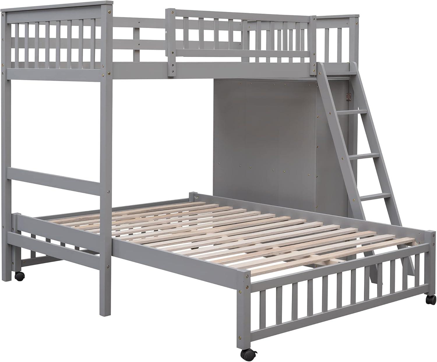 Harper & Bright Designs Twin Over Full Bunk Bed with Storage, Solid Wood Bunk Bed with 6 Drawers and 3 Flexible Shelves, Movable Bottom Bed with Wheels, for Kids Teens Adults (Gray)