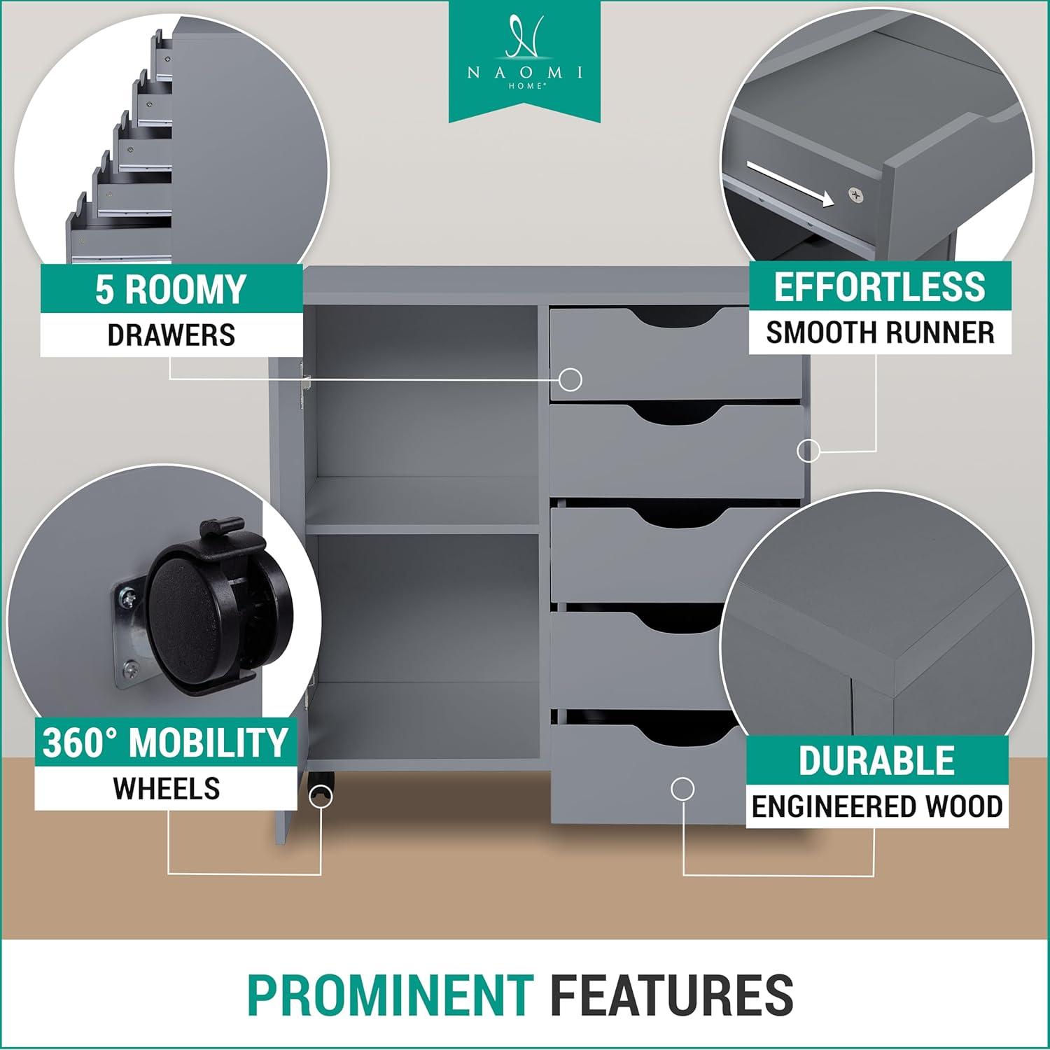 5 Drawer Dresser, Tall Dressers for Bedroom, Kids Dresser with Wheels, Storage Shelves with Drawers, Small Dresser for Closet, Makeup Dresser with 180 lbs Capacity - Grey