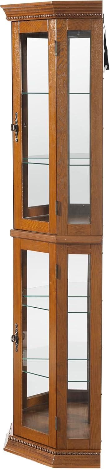 Lighted Curio Cabinet Wooden Corner Display Cabinet with Adjustable Tempered Glass Shelves Vintage Accent Storage Cabinet with Mirrored Back & Tempered Glass Doors, Oak