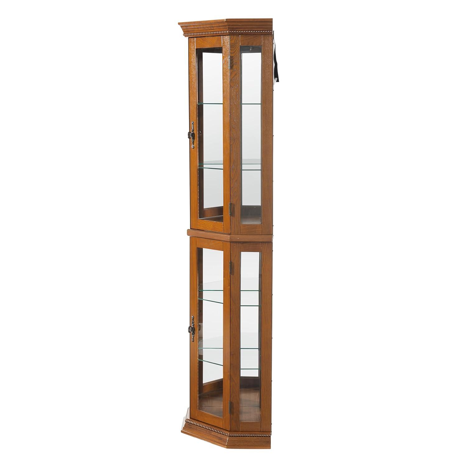 Lighted Curio Cabinet Wooden Corner Display Cabinet with Adjustable Tempered Glass Shelves Vintage Accent Storage Cabinet with Mirrored Back & Tempered Glass Doors, Oak