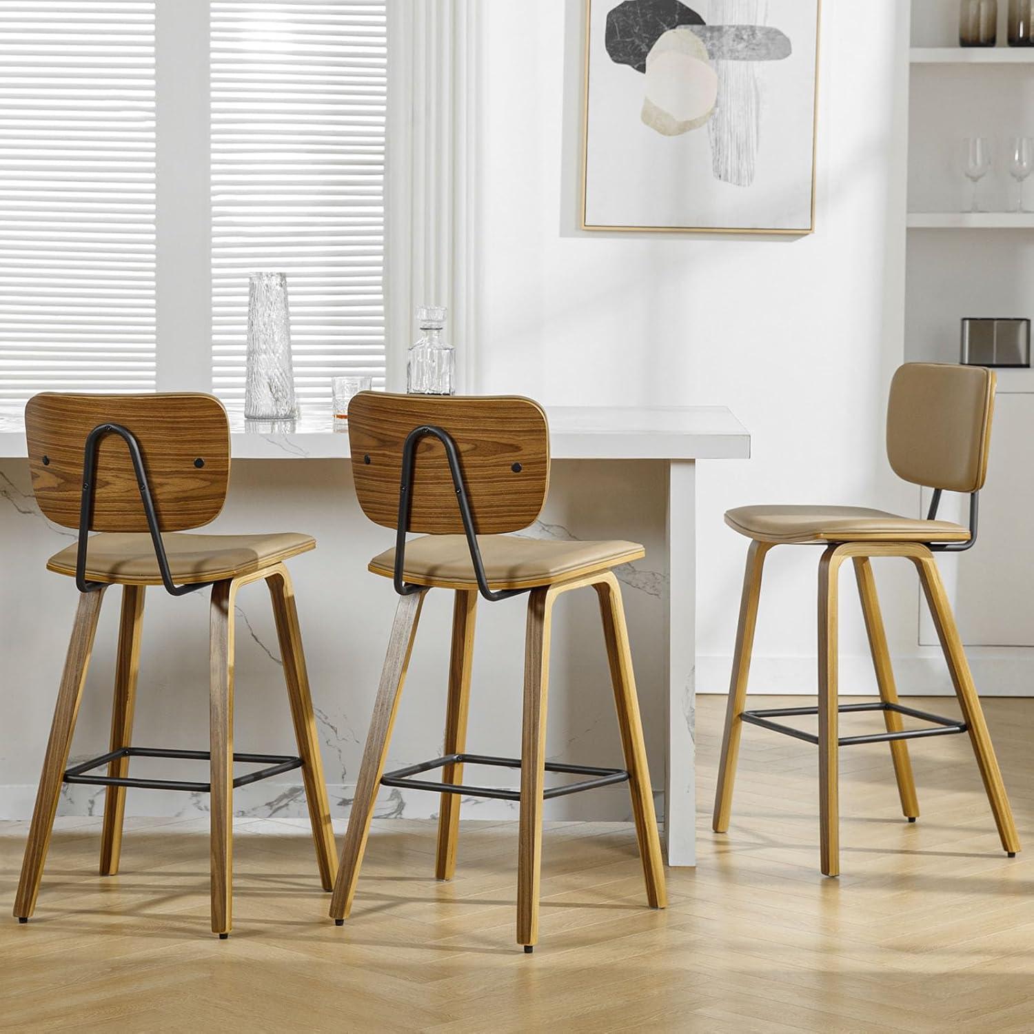 Brown PU Leather Upholstered Counter Stools with Wood Legs, Set of 3