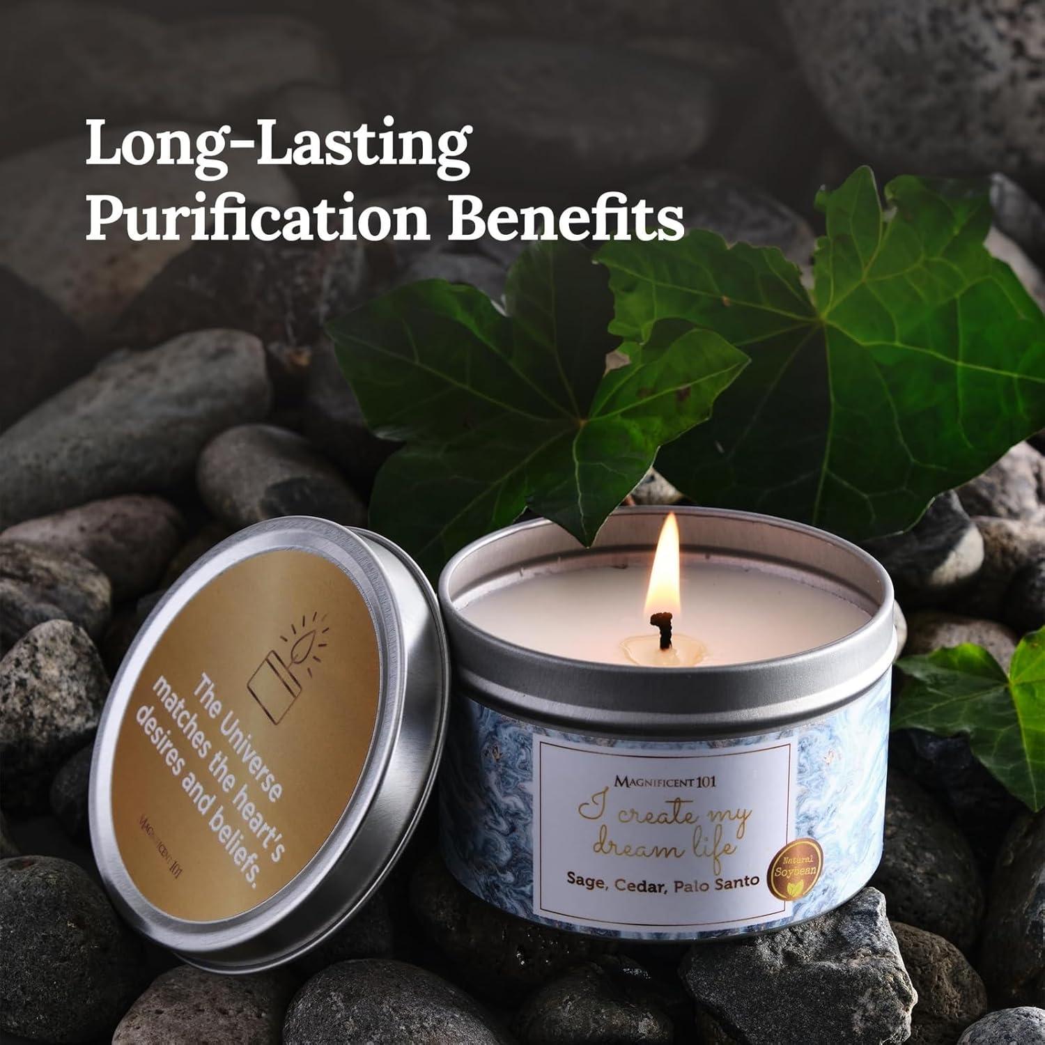 MAGNIFICENT 101 Affirmations Sage, Cedar, Palo Santo, Sprinkle of sage Leaves Smudge Candle for House Energy Cleansing, Banishes Negative Energy - Soy Wax Tin Candle (I Create My Dream Life)