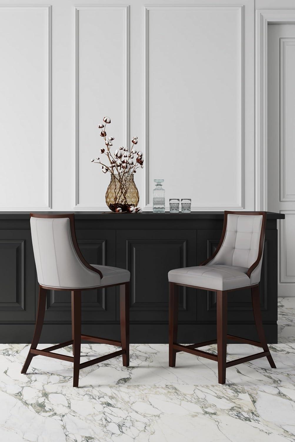 Set of 2 Light Grey Faux Leather Walnut Wood Counter Stools