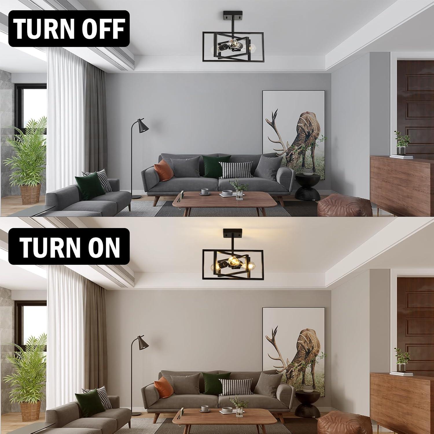 Black Semi Flush Mount Ceiling Light Fixture, 3-Light Modern Farmhouse Ceiling Light, Industrial Metal Chandelier Ceiling Lamp for Kitchen Entryway Bedroom Foyer Hallway, E26 Socket