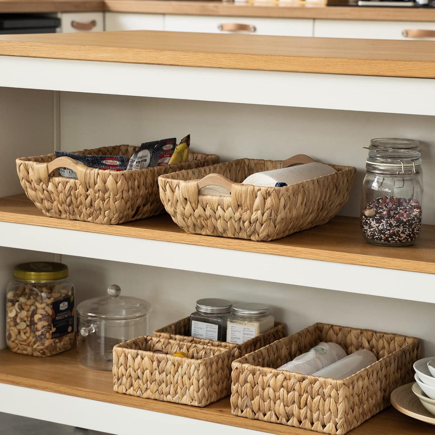 Natural Wicker Rectangular Storage Baskets with Handles, Set of 2