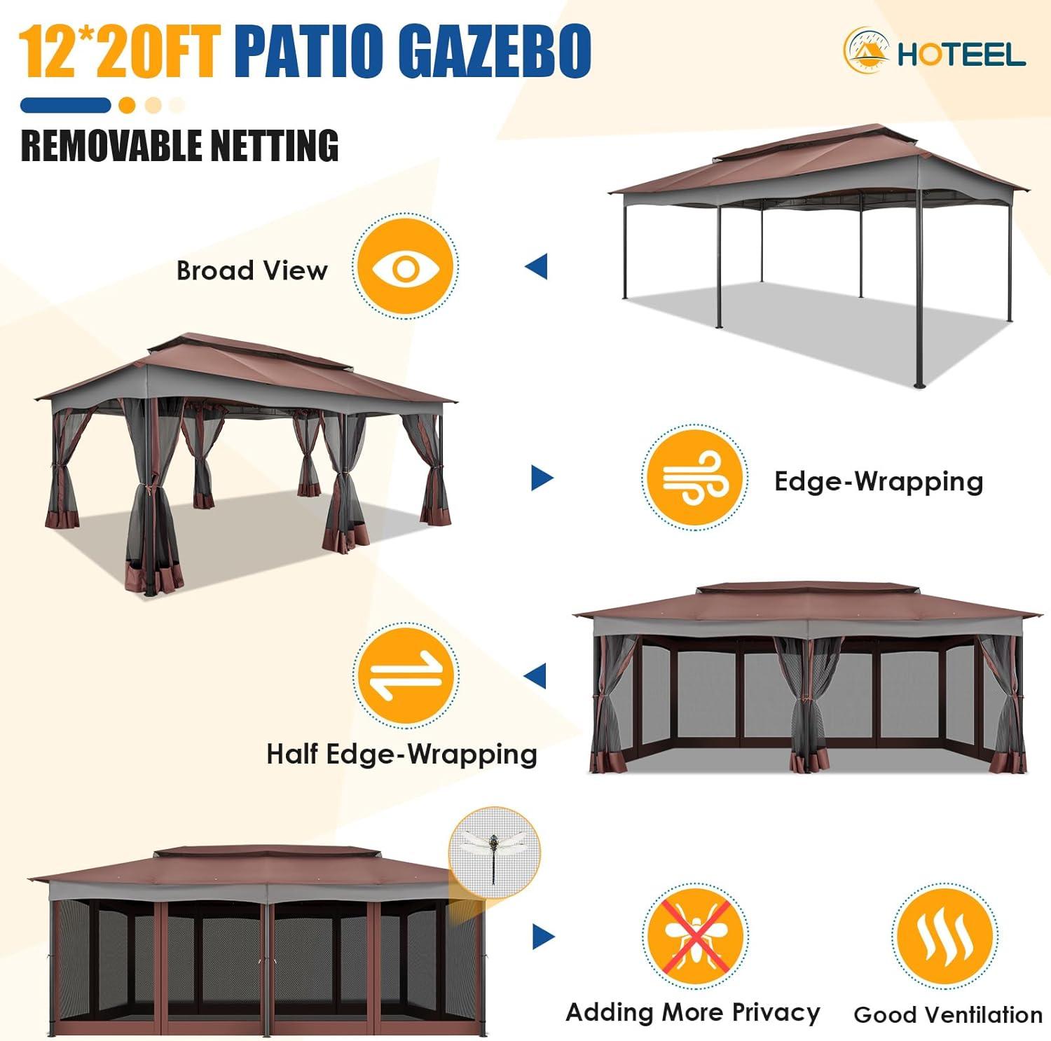 HOTEEL 10x20 Gazebo on Clearance, Outdoor Gazebo Tent with Mosquito Netting and Ventilated Double Flat Roof, Easy Set up Canopy Tent with Stable Metal Frame for Patio, Khaki (Upgraded 2.0)