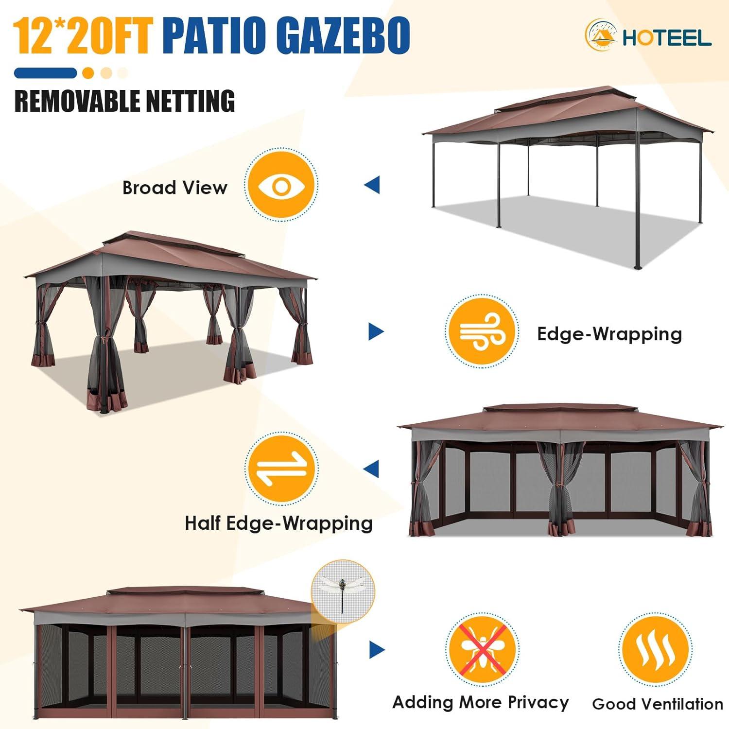 HOTEEL 10x20 Gazebo on Clearance, Outdoor Gazebo Tent with Mosquito Netting and Ventilated Double Flat Roof, Easy Set up Canopy Tent with Stable Metal Frame for Patio, Khaki (Upgraded 2.0)