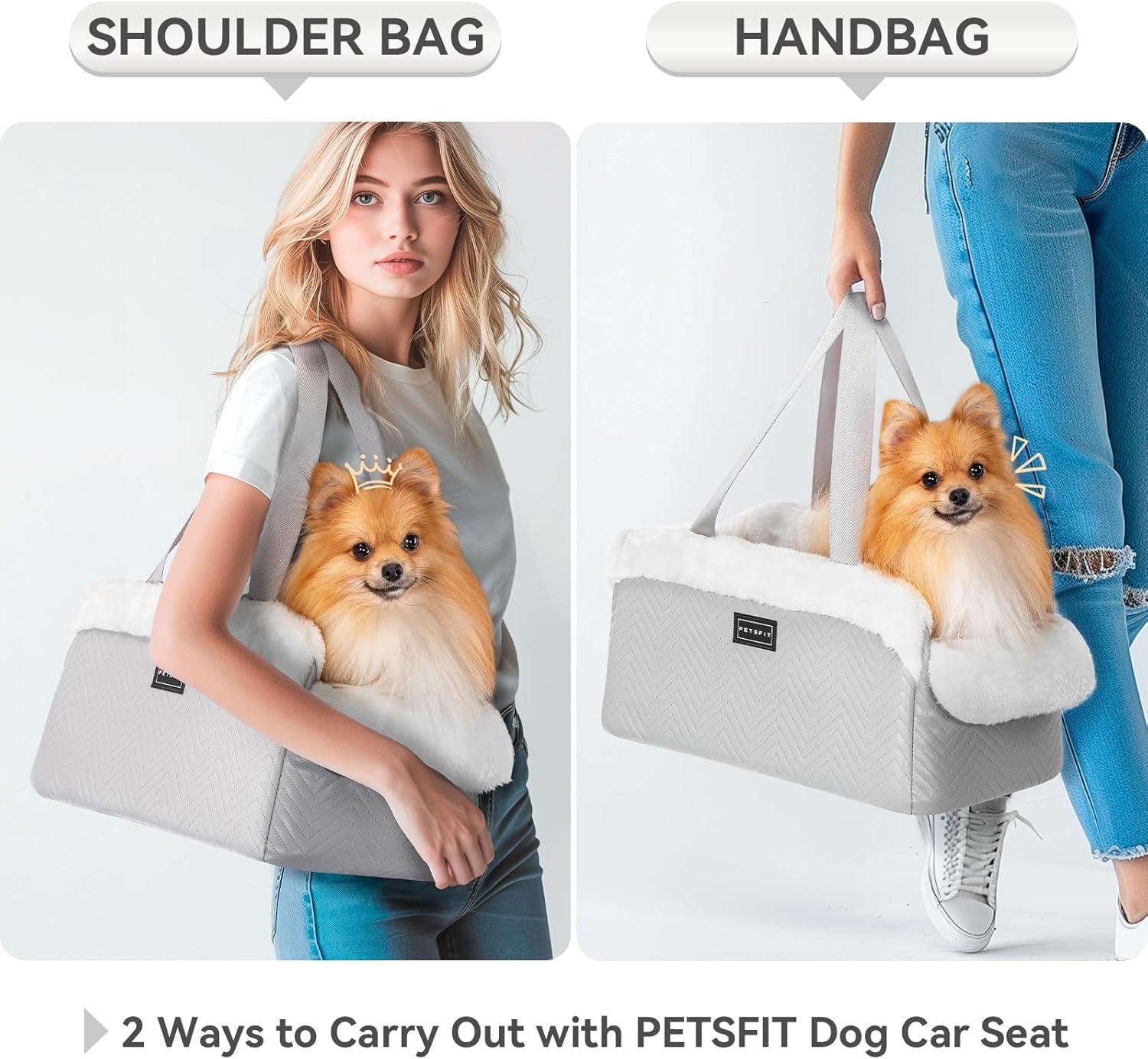 PETSFIT Small Dog Car Seat, Portable Dog Seat for Car with Safe Protective Hooks, Luxury Dog Console Car Seat,Up to 12 lbs,Grey