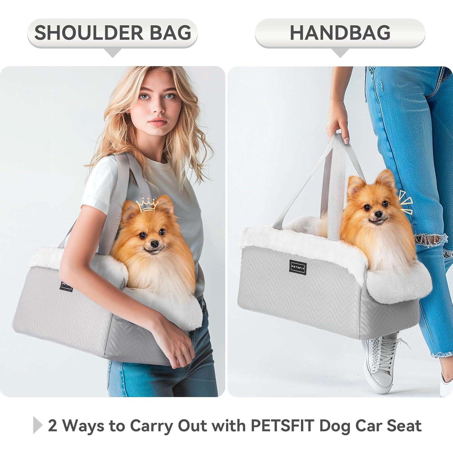 PETSFIT Small Dog Car Seat, Portable Dog Seat for Car with Safe Protective Hooks, Luxury Dog Console Car Seat,Up to 12 lbs,Grey