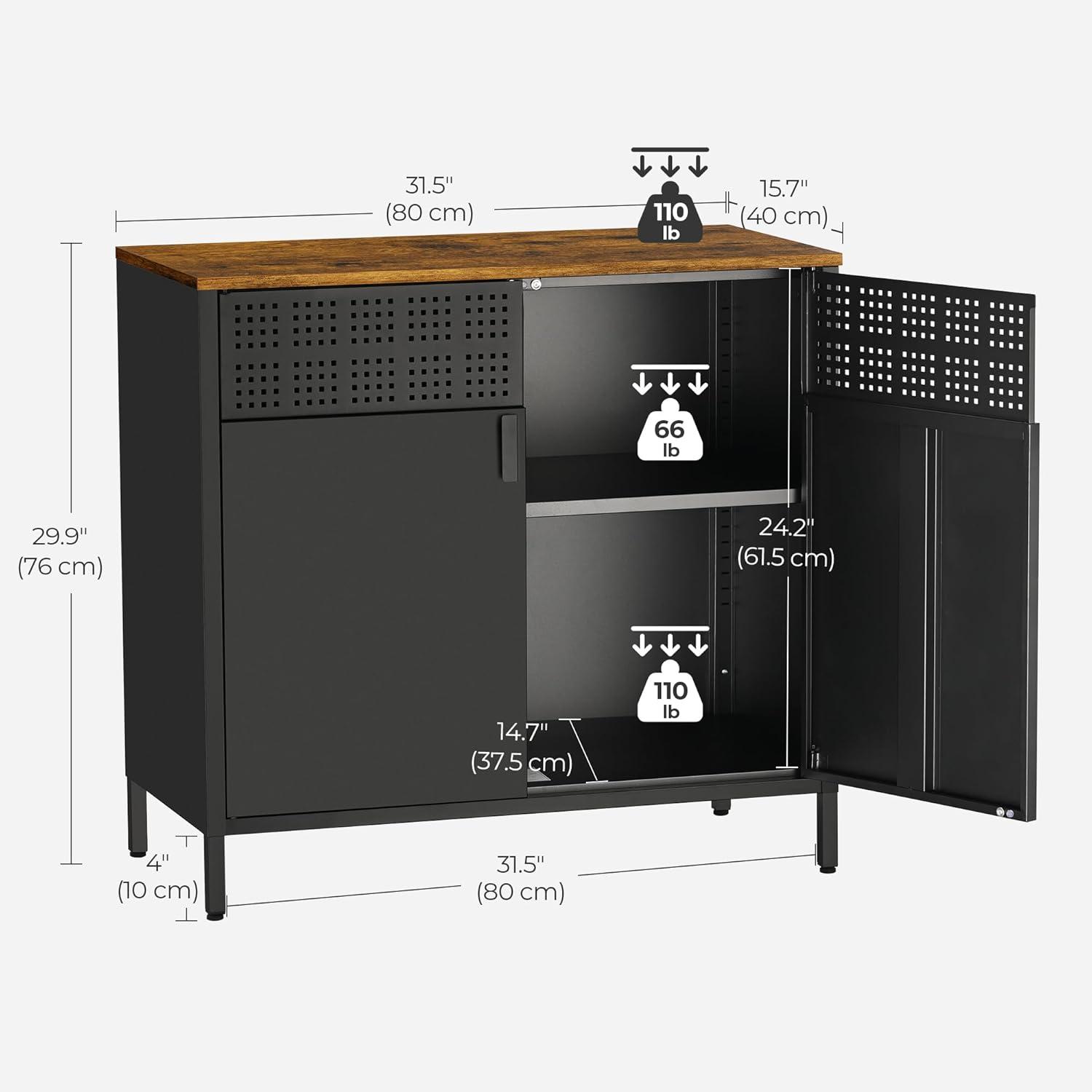 Storage Sideboard, Buffet Table with Adjustable Shelves, Floor Storage Cupboard, Steel Frame, Rustic Brown and Black ULSC102B01