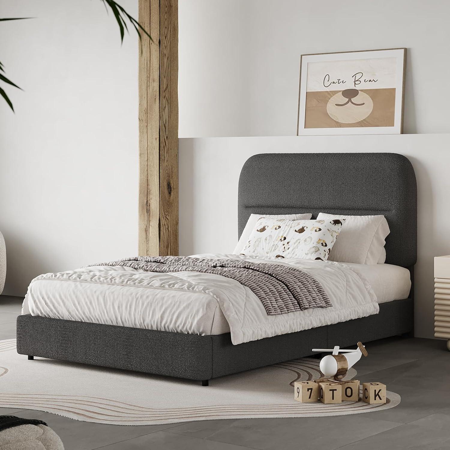 Manfred Boucle Upholstered Cloud Bed Frame with Rounded Corners Headboard, Soft Platform Bed Frame with Thickened Footboard