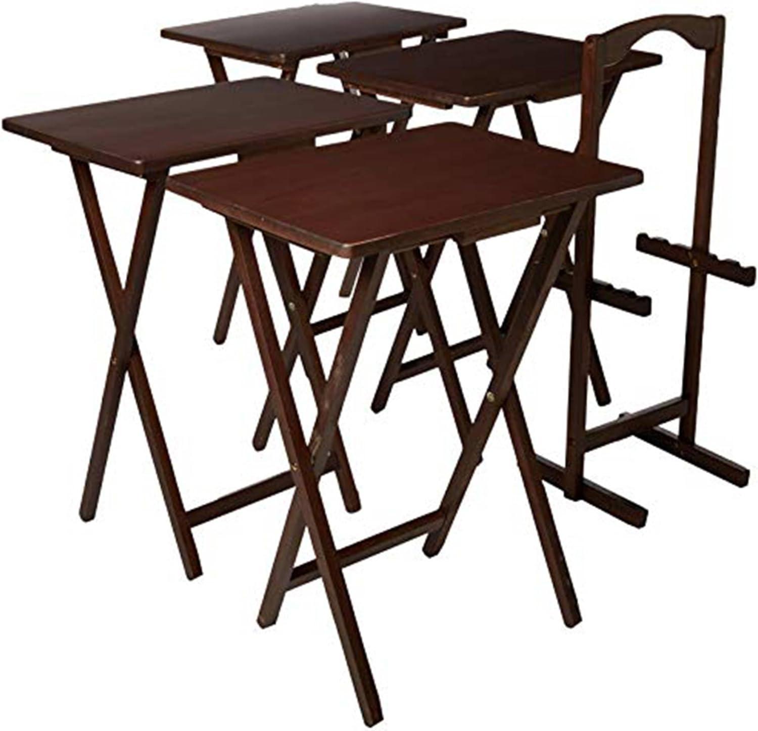 PJ Wood 19.09 x 14.57 x 26.00 Inch Folding TV Tray Tables with Compact Storage Rack, Solid Wood Construction, Walnut Brown Finish, 5 Piece Set