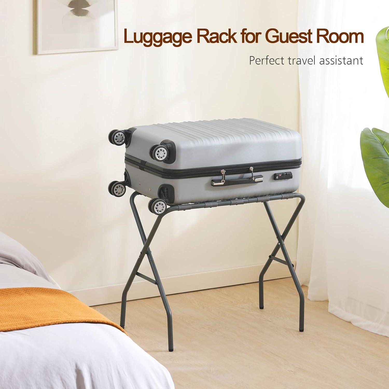 BINO 2-Pack Folding Luggage Rack Collapsible Metal Suitcase Stand With Durable Black Nylon Straps- For Bedroom, Guest Room, Or Hotel (Gray Steel)