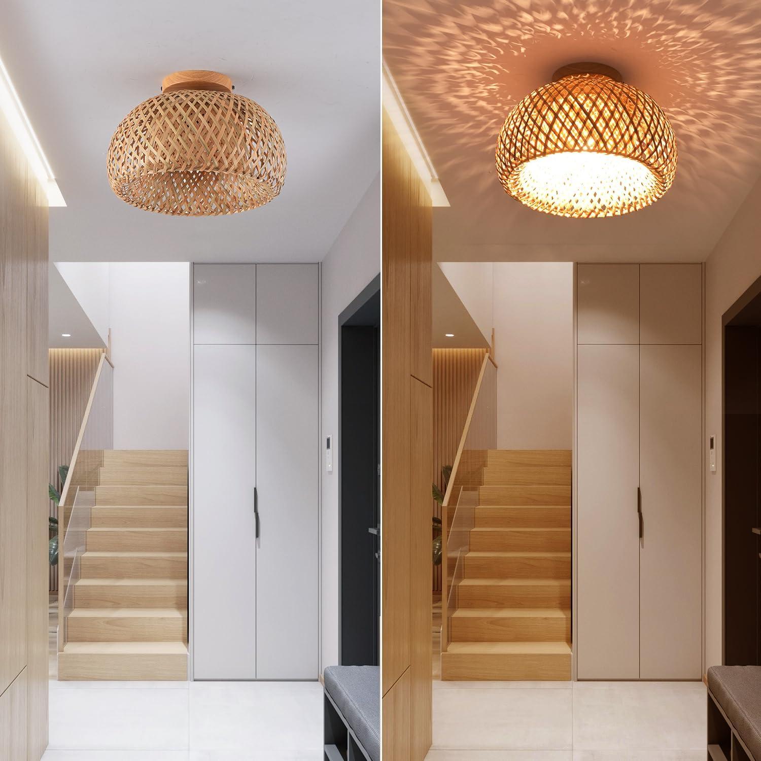 Bay Isle Home™ Bamboo Ceiling Light Fixtures, Hand-Woven Boho Flush Mount Ceiling Light, Handmade Ceiling Mount With Natural Bamboo Shade, Farmhouse Light Fixture
