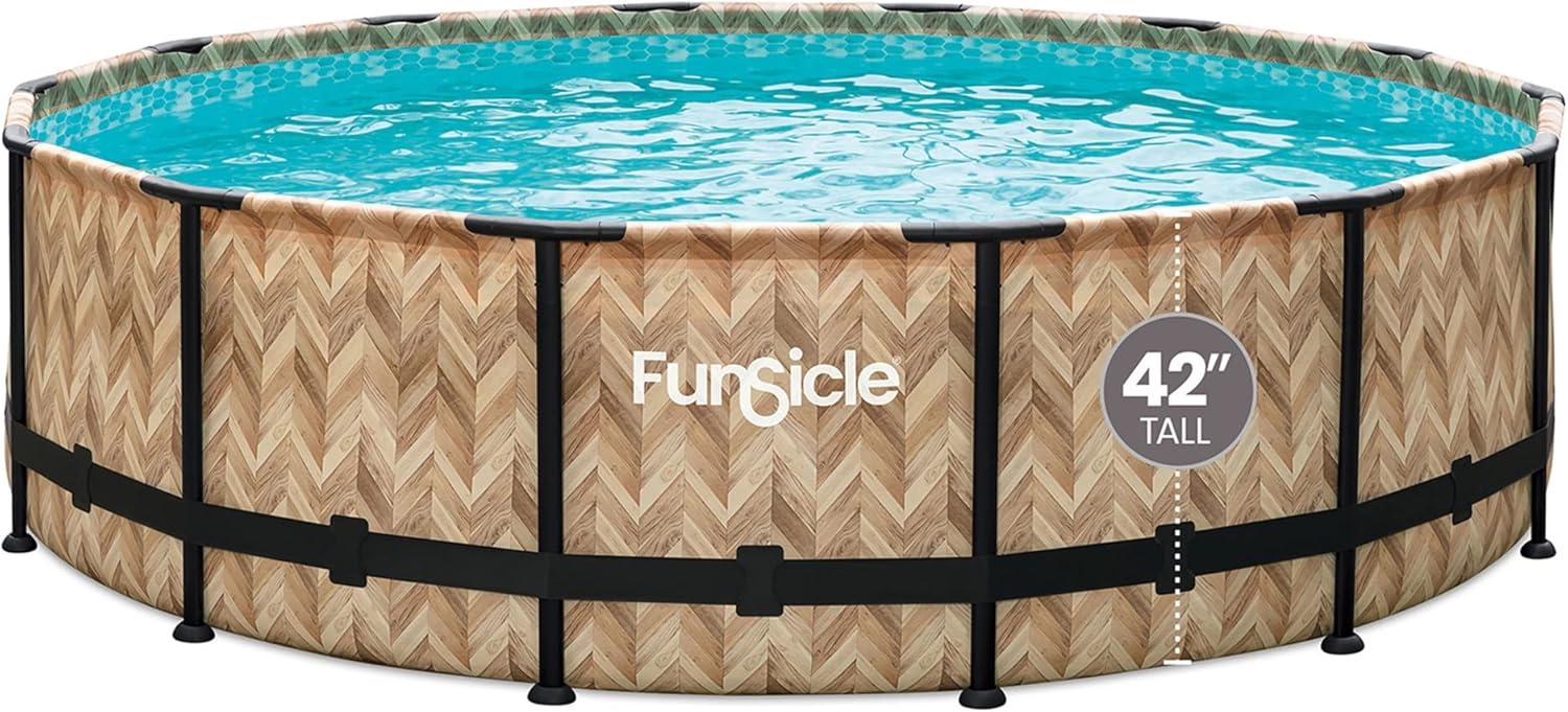 Funsicle 14ft x 42in Round Oasis Designer Above Ground Pool, Oak Herringbone with SkimmerPlus Filter Pump, Age 6 & up
