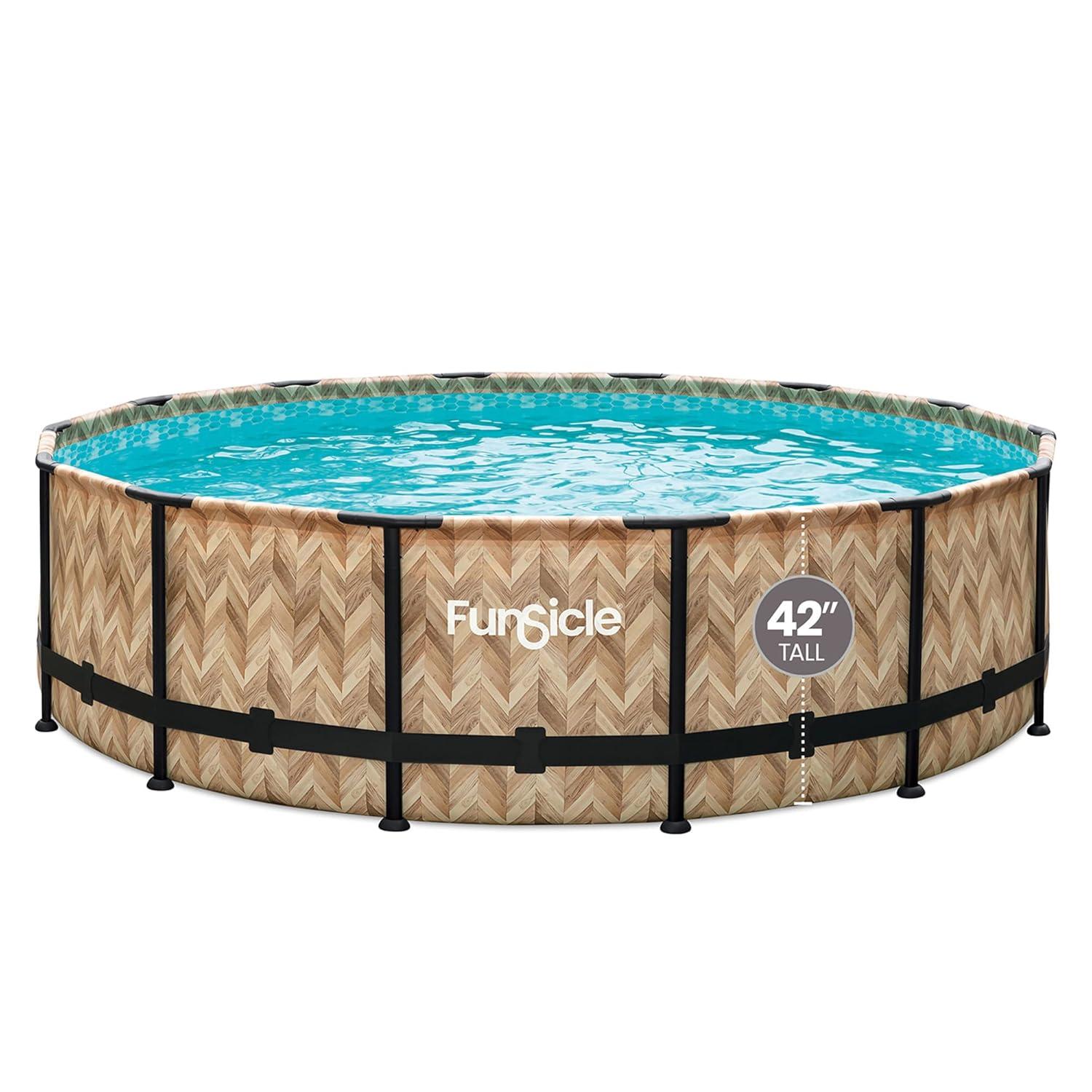 Funsicle 14' x 42" Oasis Designer Round Frame Outdoor Above Ground Swimming Pool Set with SkimmerPlus Filter Pump and Pool Cover, Oak Herringbone