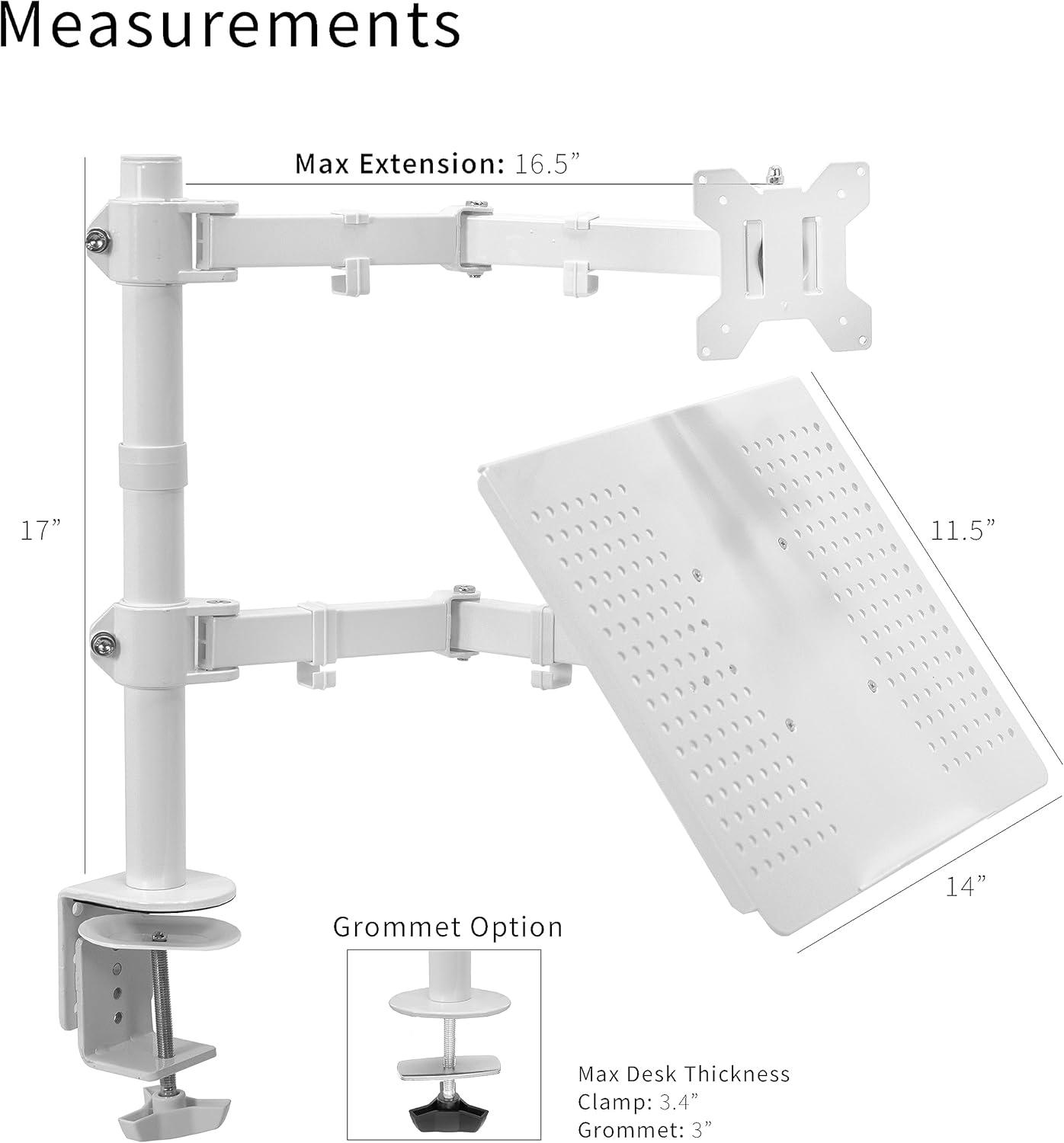 White Adjustable Laptop and Monitor Desk Mount with Steel Construction