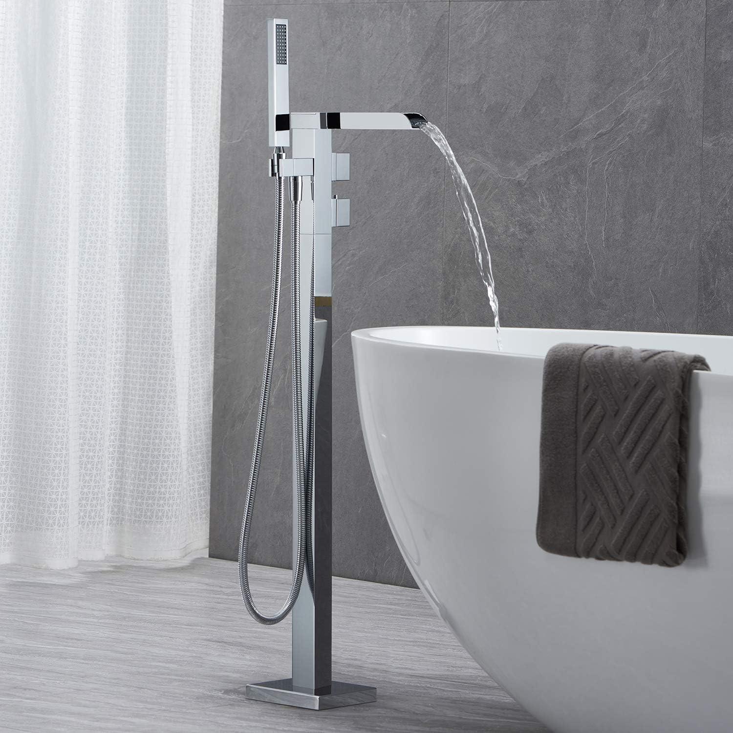 Chrome Freestanding Waterfall Tub Filler with Hand Shower