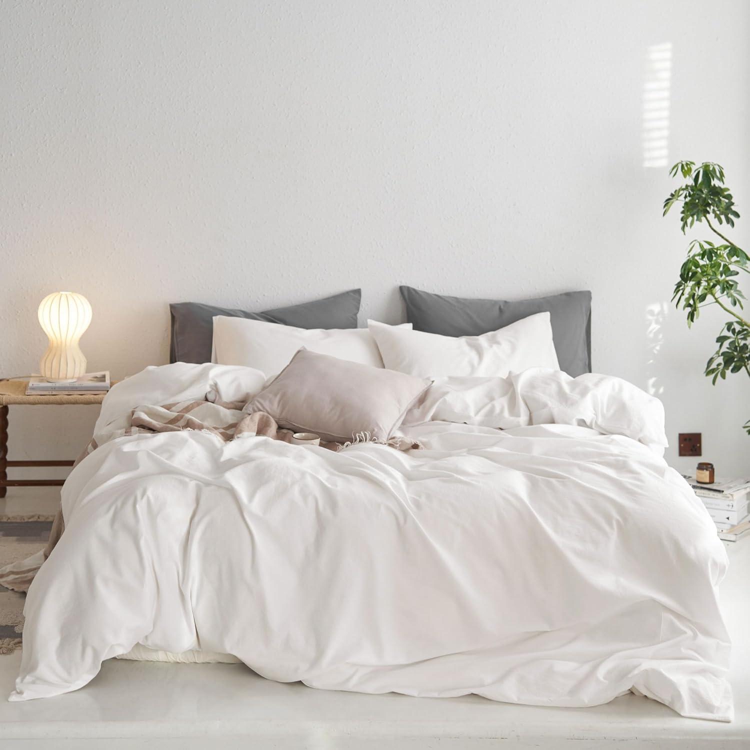 MOOMEE Linen Like Textured 100% Washed Cotton Twill Duvet Cover Set Ultra Soft