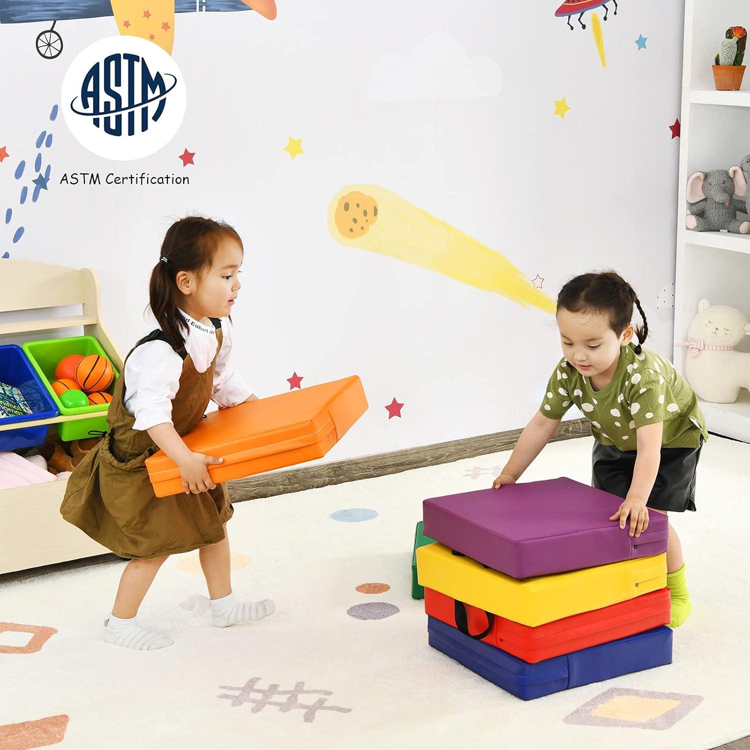 KOTEK 6 Pcs 15'' Kids Floor Cushions with Handles, 3'' Thick Foam Circle Floor Seats, Soft Flexible Seating for Classroom Elementary, School, Daycare, Kindergarten, Preschool, Playroom(Square, Red)