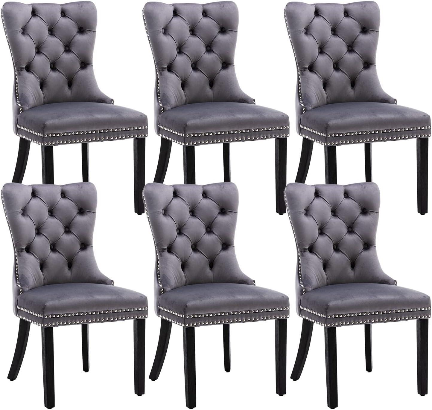 ODUSE-DAILY Grey Velvet Dining Chairs Set of 6, Kitchen & Dining Room Chairs, Sillas De Comedor, Nailheads Tufted, Fabric Upholstered, Solid Wood Frame (Gray, 6 Pcs)