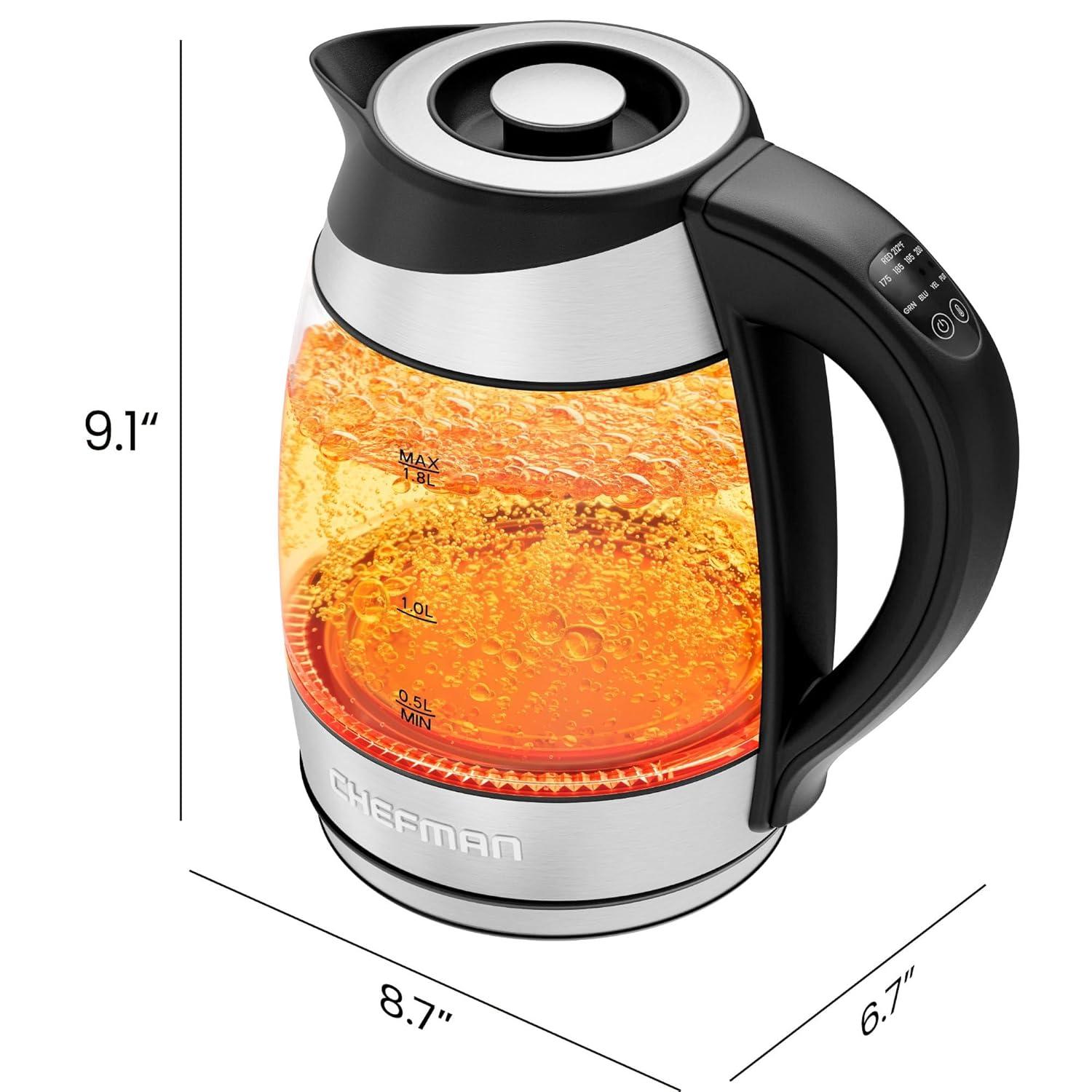 Chefman 1.8L Electric Glass Kettle w/ Temperature Control, Removable Tea Infuser - Stainless Steel, New