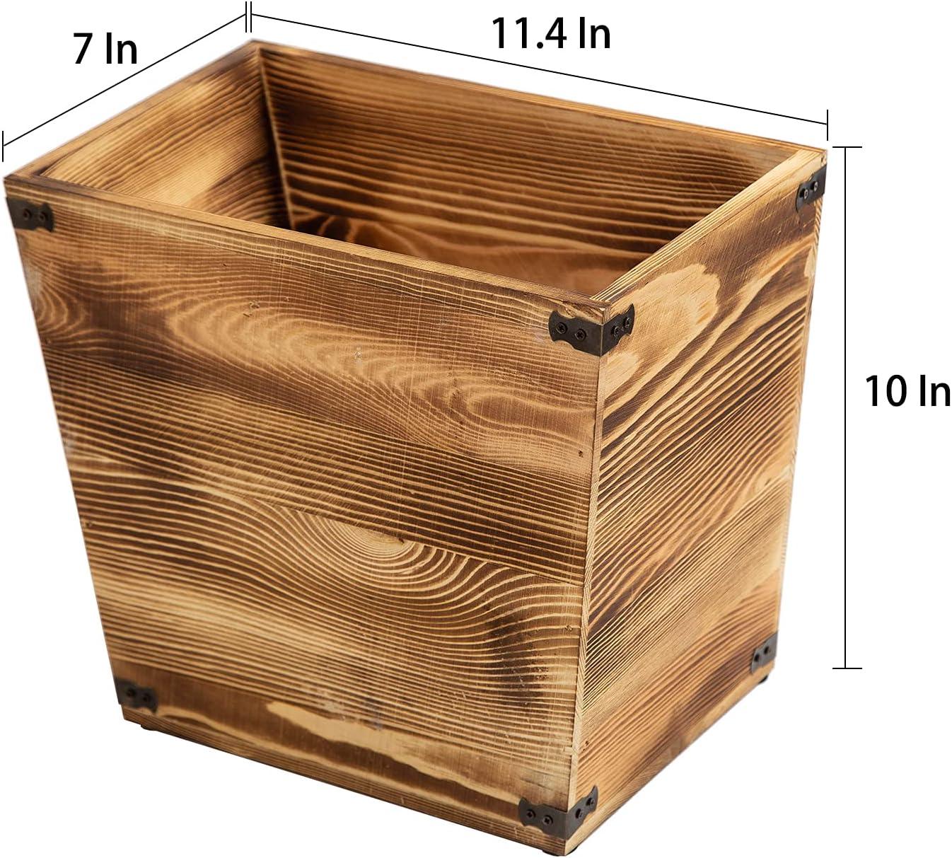 Brown Torched Wood Square Trash Can with Metal Brackets