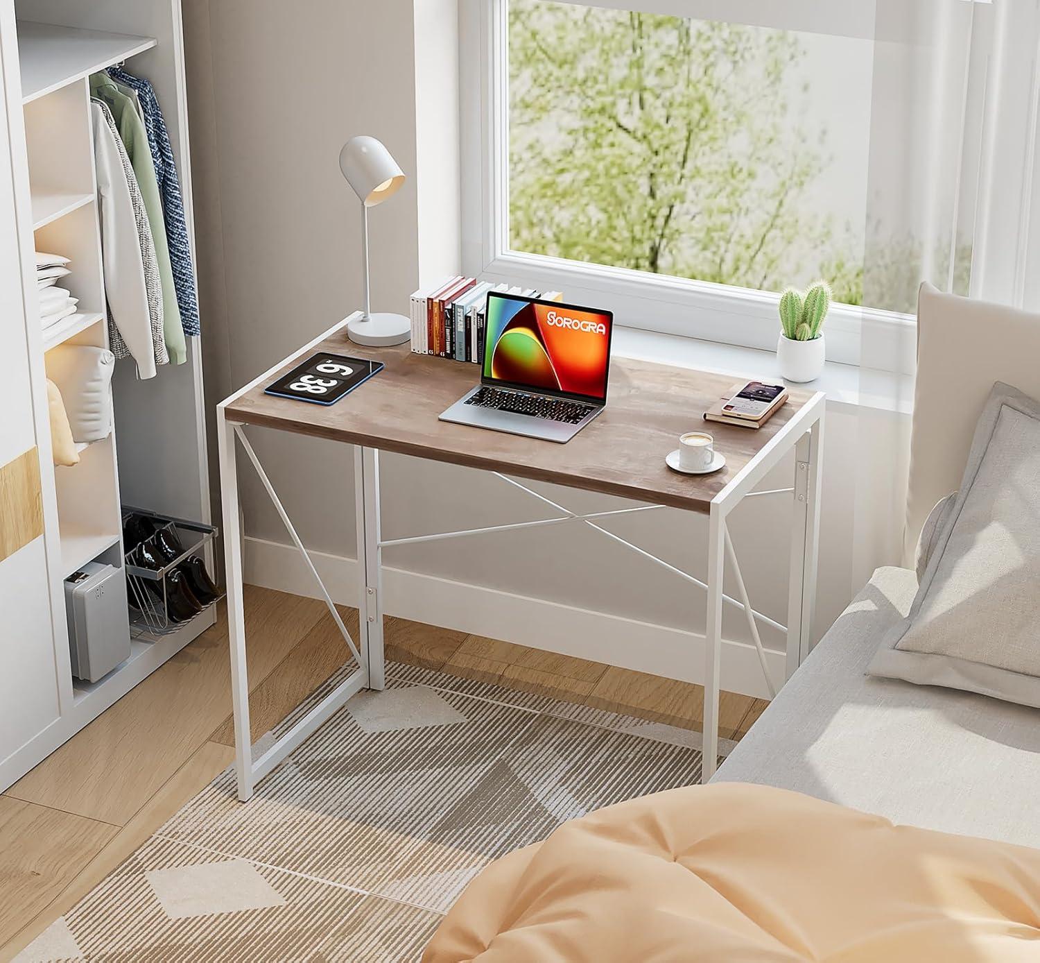 Coavas Folding Desk 31.5 inch Foldable Small Portable Computer Desks, Spaces Saving Writing Sturdy Table for Bedroom, Home Office, Dorm, Apartment, Pre Assembled, Oak