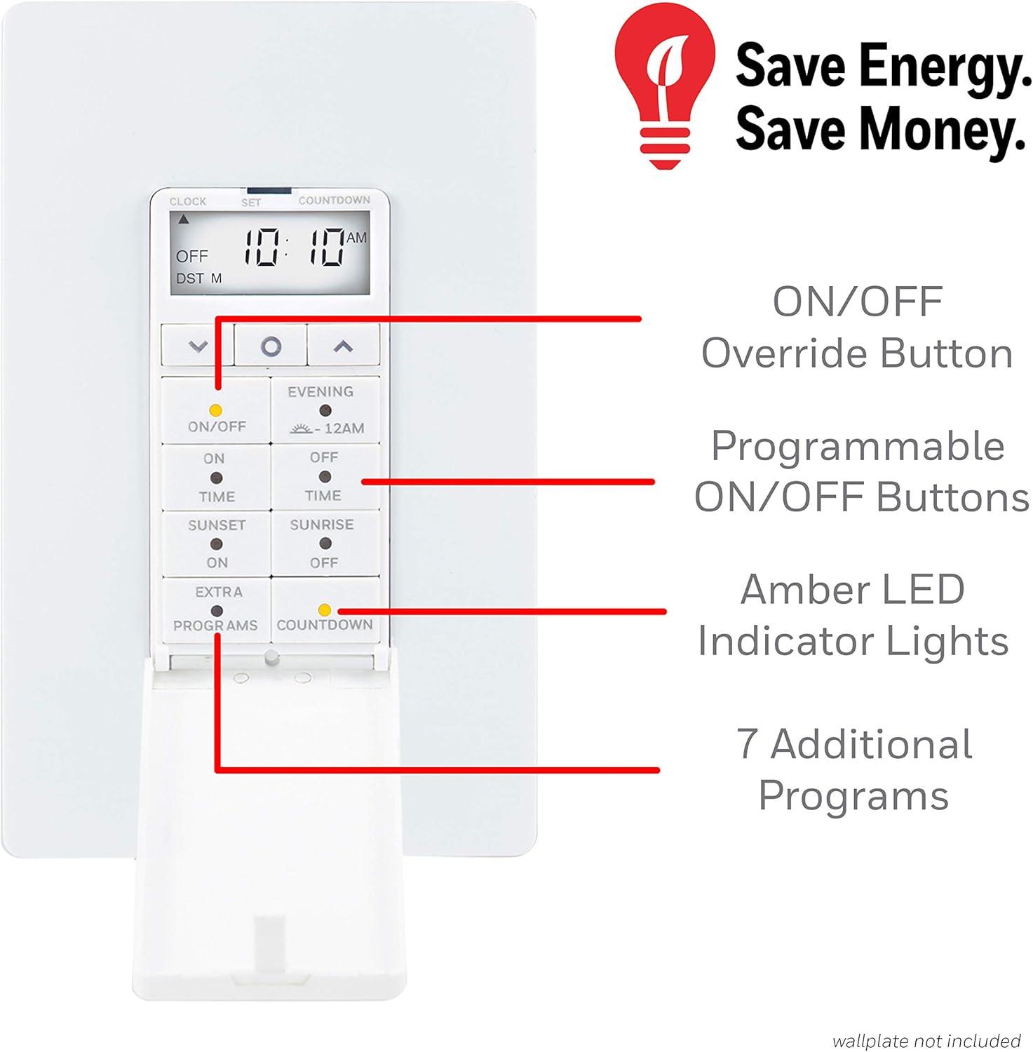 UltraPro Daysmart 7-Day In-Wall Digital Timer Switch, Presets/Countdown, Programmable Settings, Override, Sunrise/Sunset, Ideal for Indoor, Porch, Seasonal Lighting, LED, 40954 , White