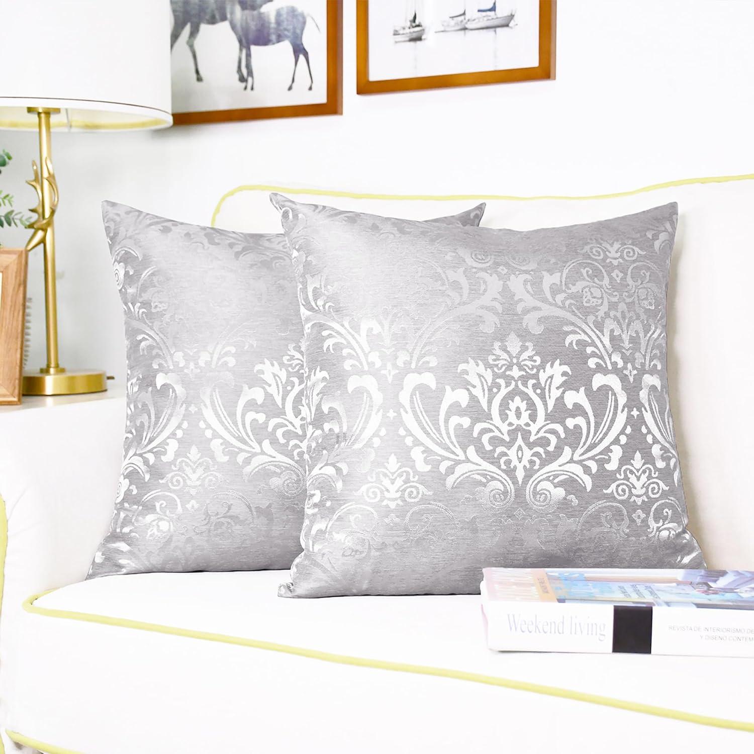 Pack of 2 Throw Pillow Covers Cases for Couch Sofa Home Decoration Vintage Damask Floral Shining & Dull Contrast 18 X 18 Inches Silver Gray