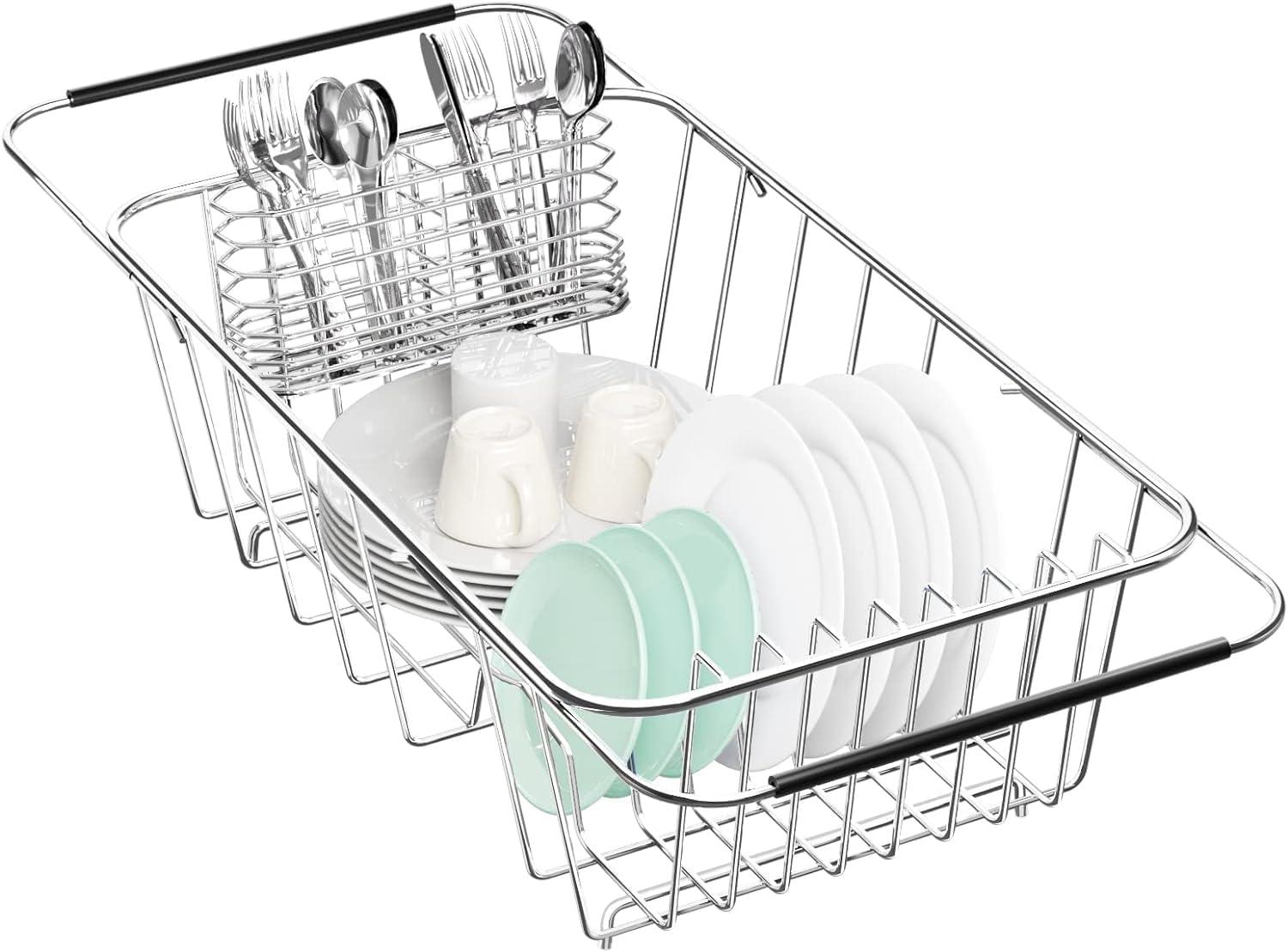 Adjustable Stainless Steel Dish Rack with Utensil Holder