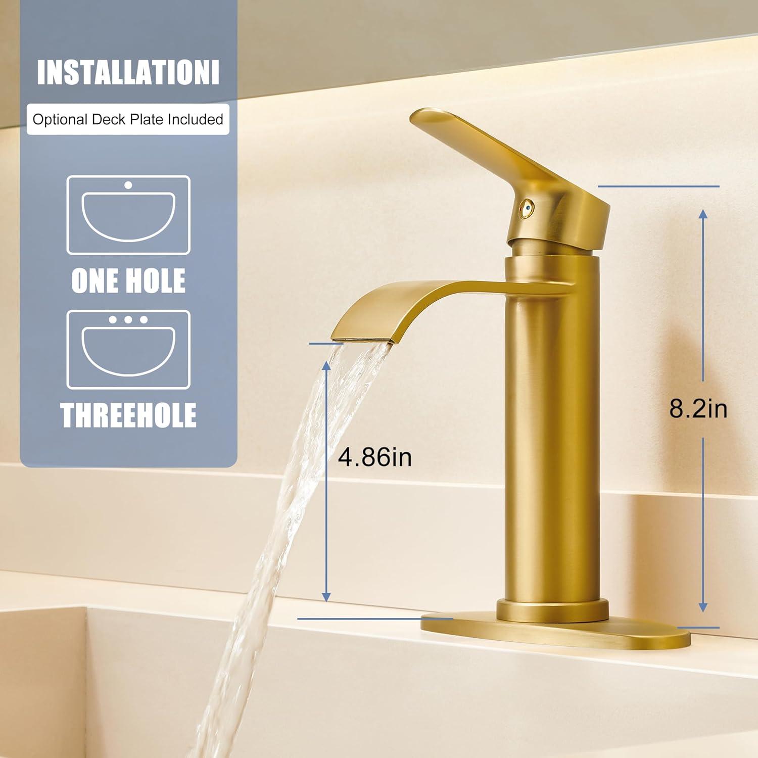 Gold Bathroom Faucets | Waterfall Single Hole Bathroom Sink Faucet with Deck Plate, 1 Hole Or 3 Hole for 4 Inch Brushed Gold Vanity Faucet with Pop-Up Drain Single Handle Lavatory Faucet