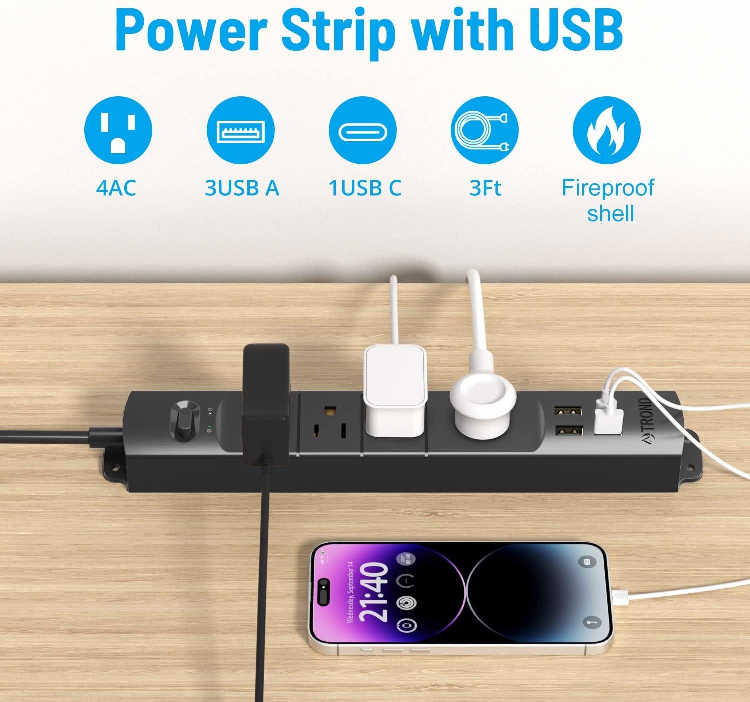 TROND Power Strip Surge Protector with USB, 3ft Long Extension Cord for 4 USB and 4 AC Outlets Black