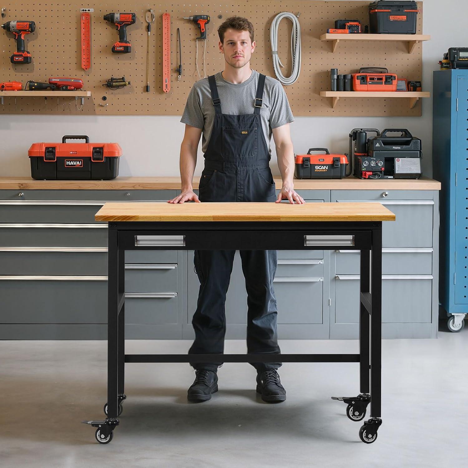 VEVOR Workbench, 48-inch Garage Workbench with Drawer Storage & Wheels, 1500 lbs Load Capacity Workshop Bench on Wheels, Heavy Duty Oak Wood Top Work Table for Garage, Workshop, Office, and Home